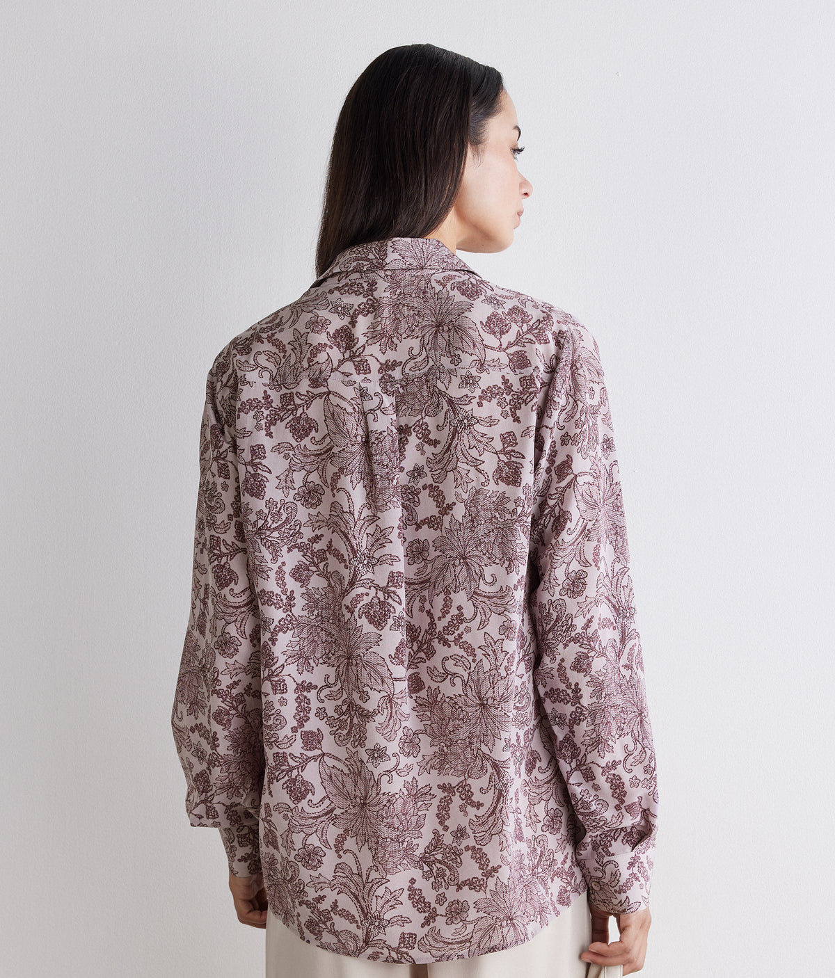 Drift Printed Silk Collared Shirt in Rosè Botanical embroidery, view 3
