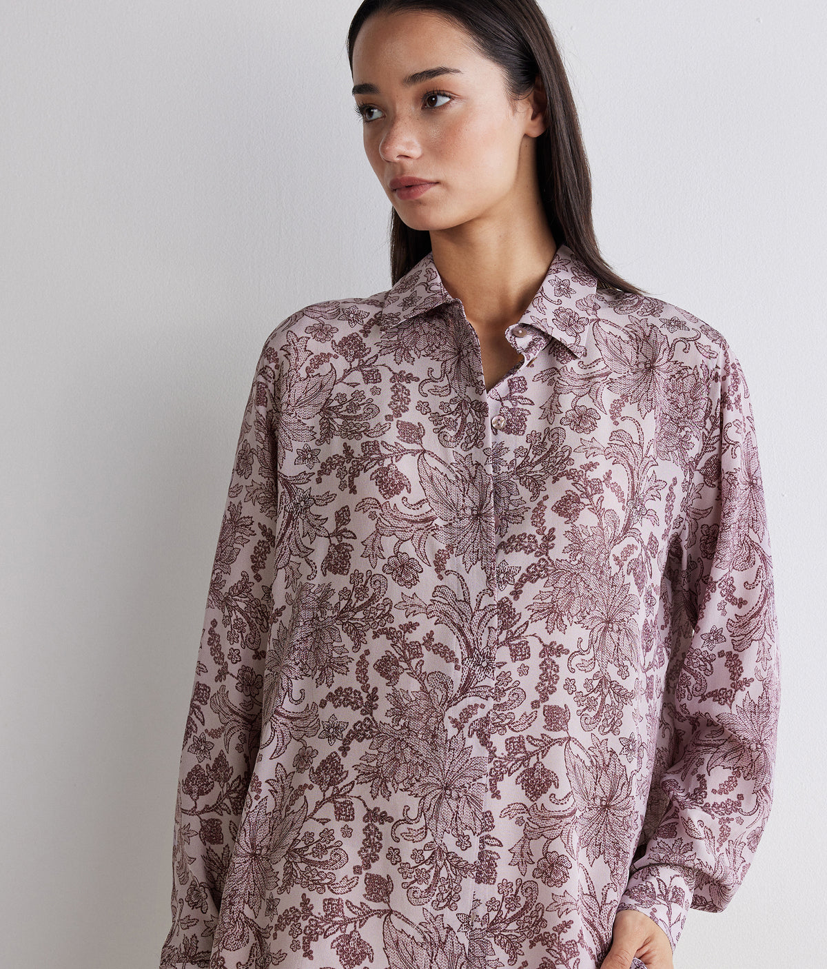 Drift Printed Silk Collared Shirt in Rosè Botanical embroidery, view 4
