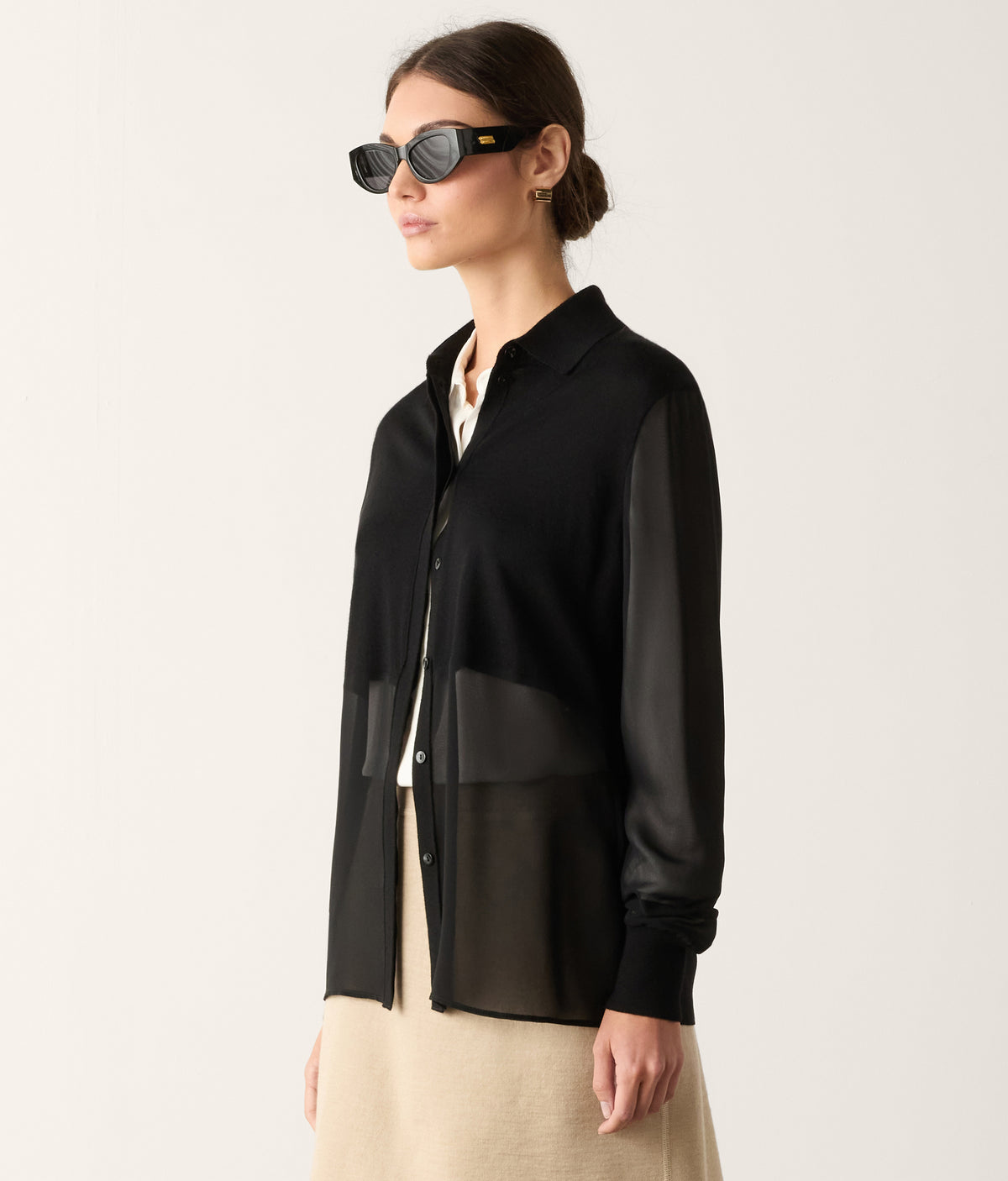 Column Silk Georgette and Cashmere Shirt in Black, view 5
