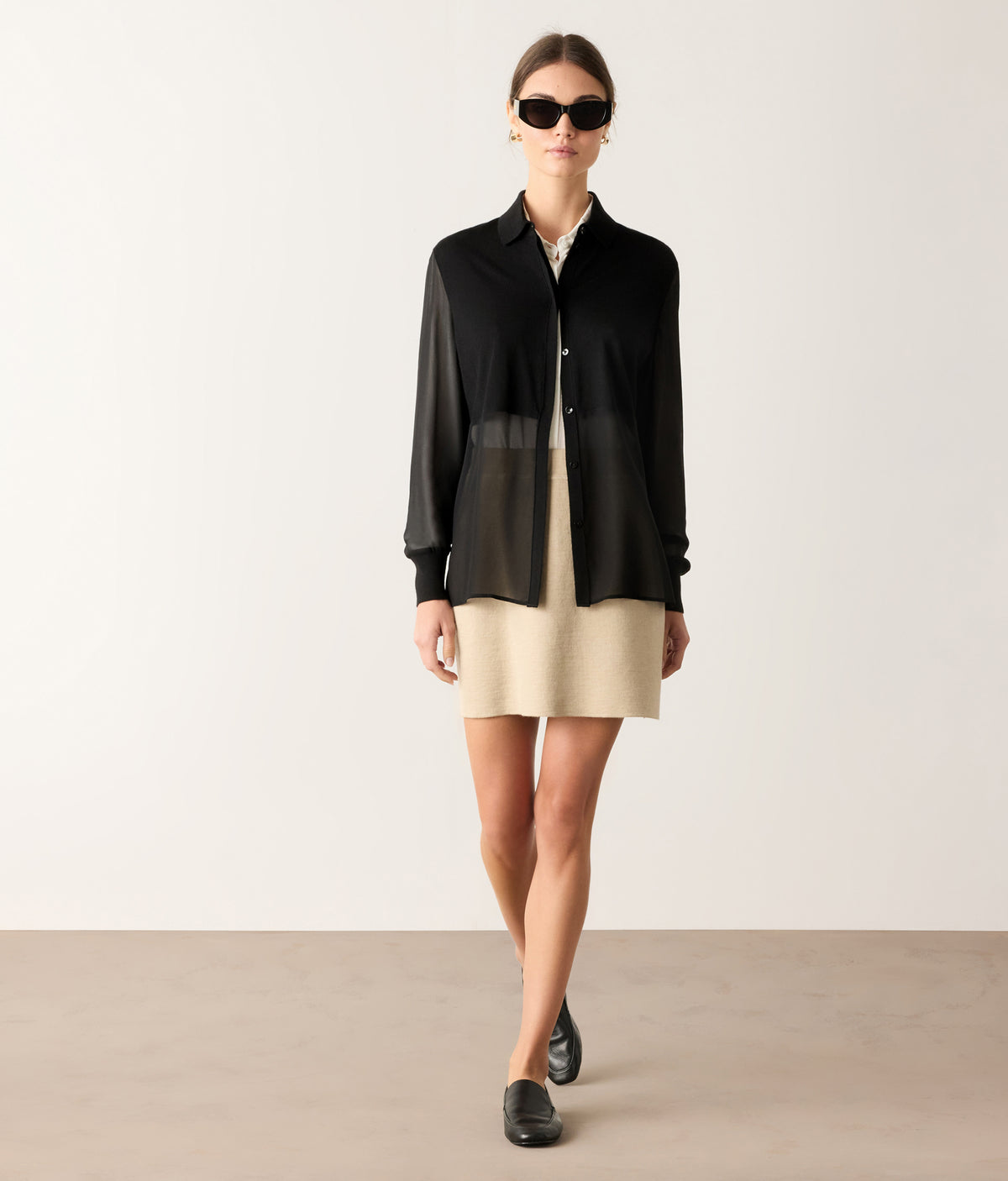 Column Silk Georgette and Cashmere Shirt in Black, primary view