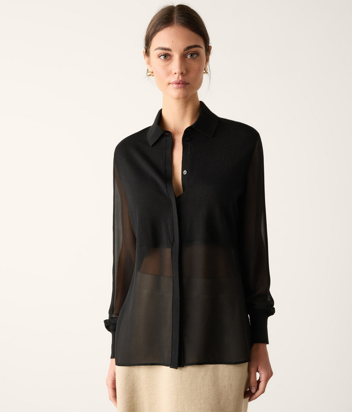 Column Silk Georgette and Cashmere Shirt in Black, view 2