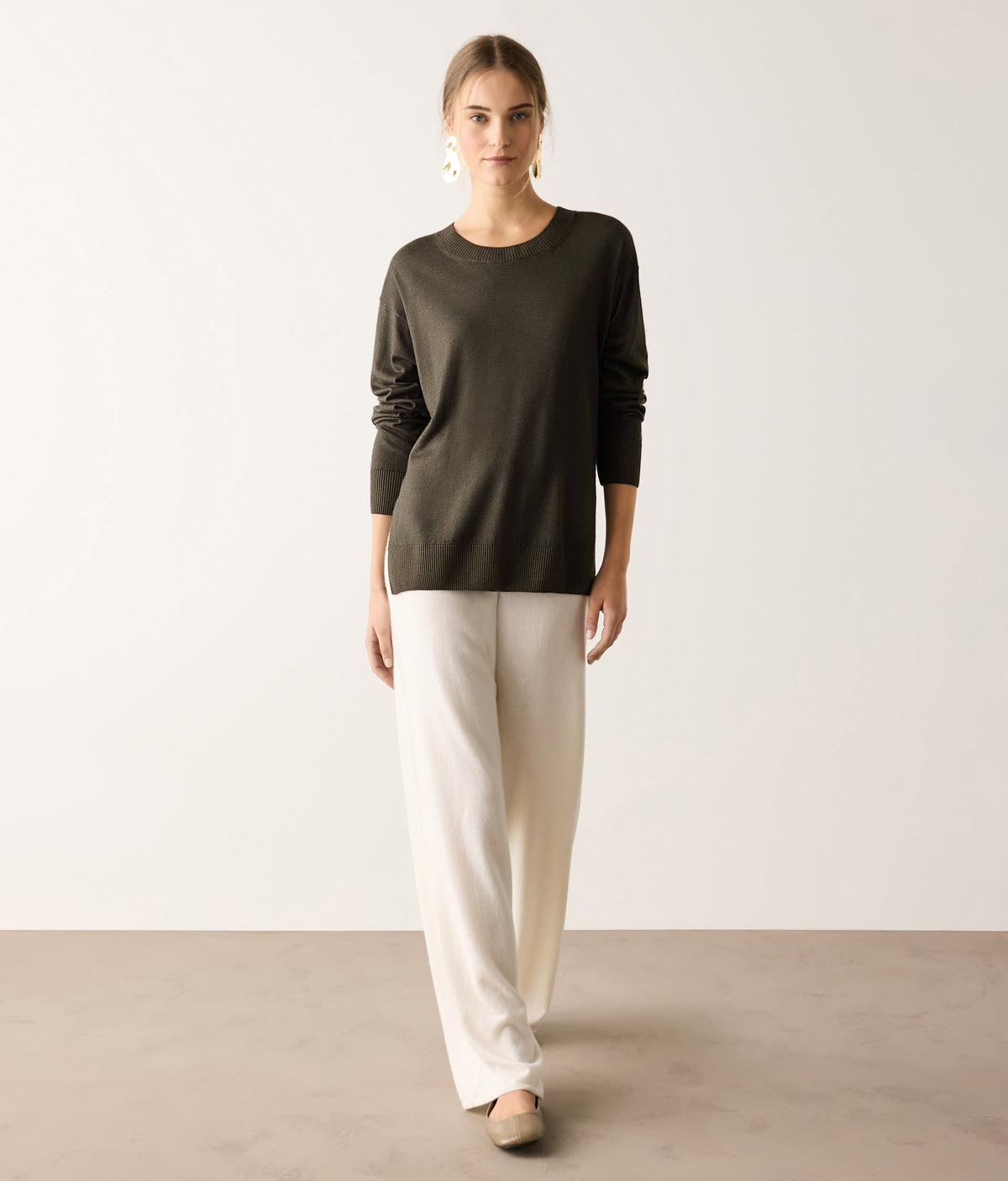 Frame Cashmere Crewneck Sweater with Slits in Deep Forest Green, primary view