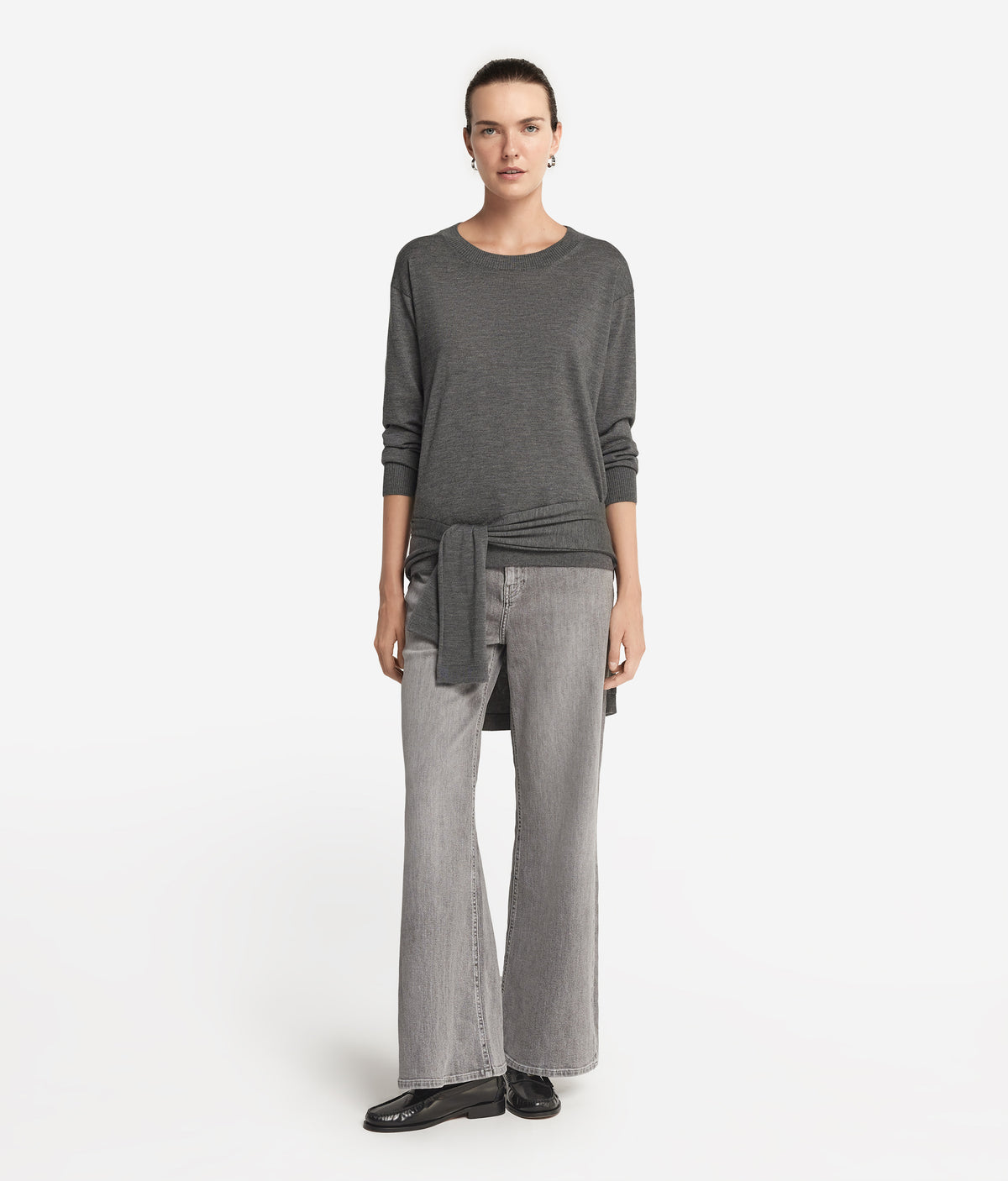 Frame Cashmere Crewneck Sweater with Slits in Dark Grey Melange, primary view