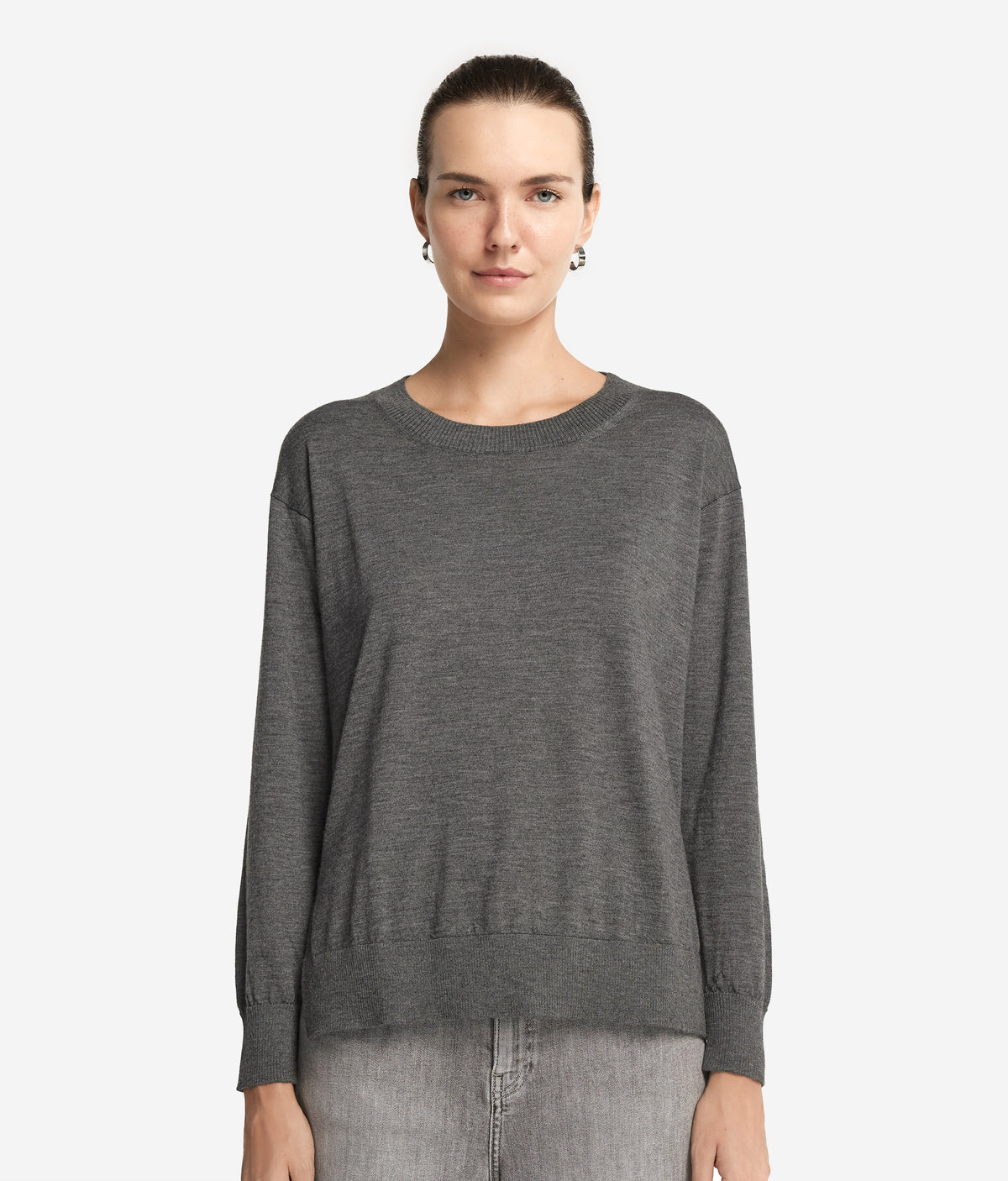 Frame Cashmere Crewneck Sweater with Slits in Dark Grey Melange, view 2