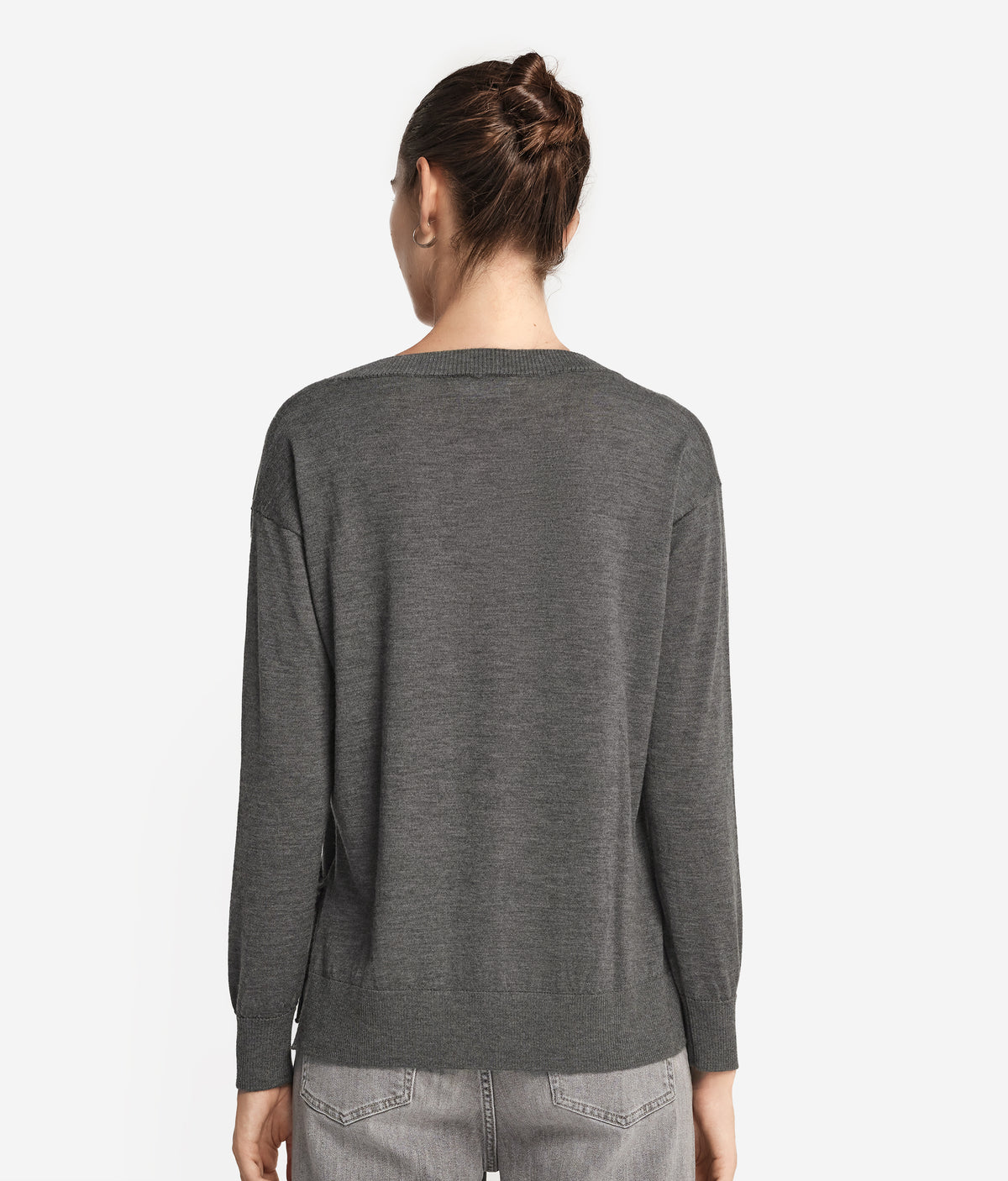 Frame Cashmere Crewneck Sweater with Slits in Dark Grey Melange, view 3