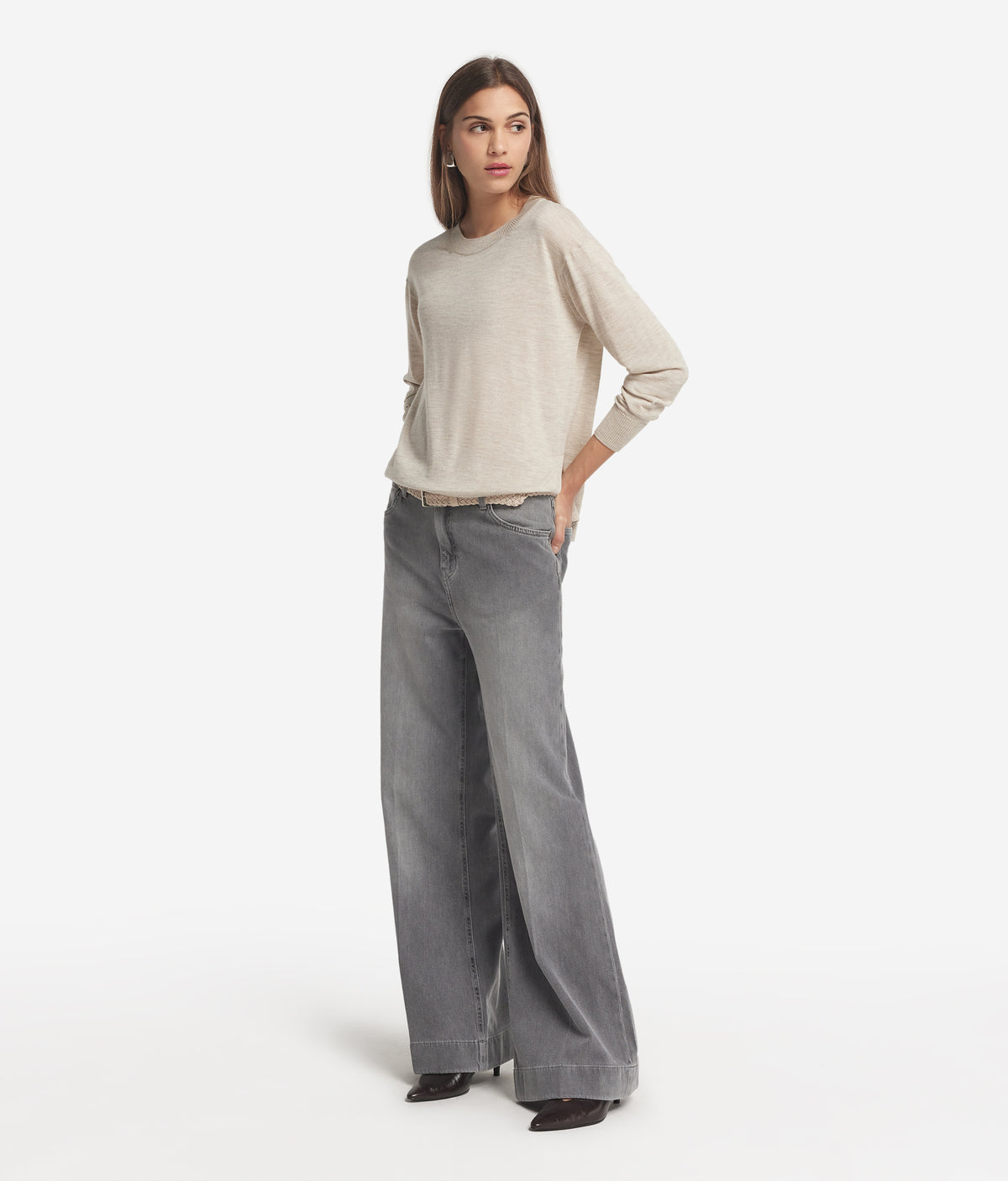 Frame Cashmere Crewneck Sweater with Slits in Stone, primary view