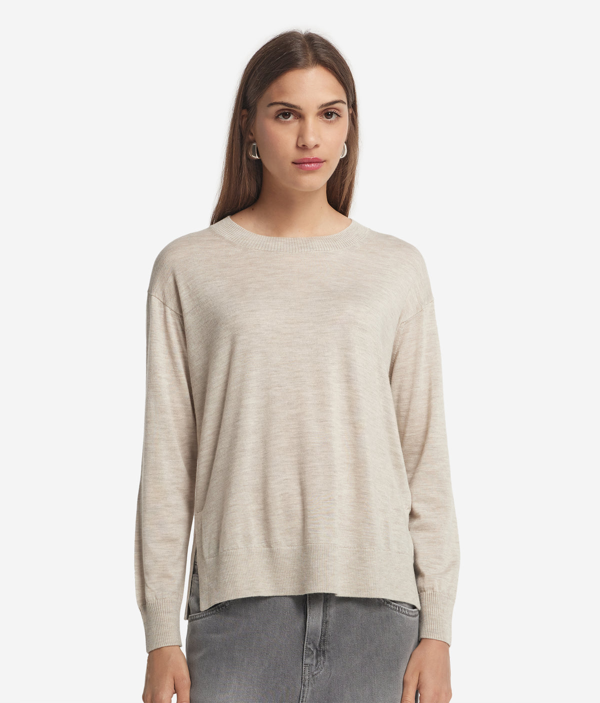 Frame Cashmere Crewneck Sweater with Slits in Stone, view 2