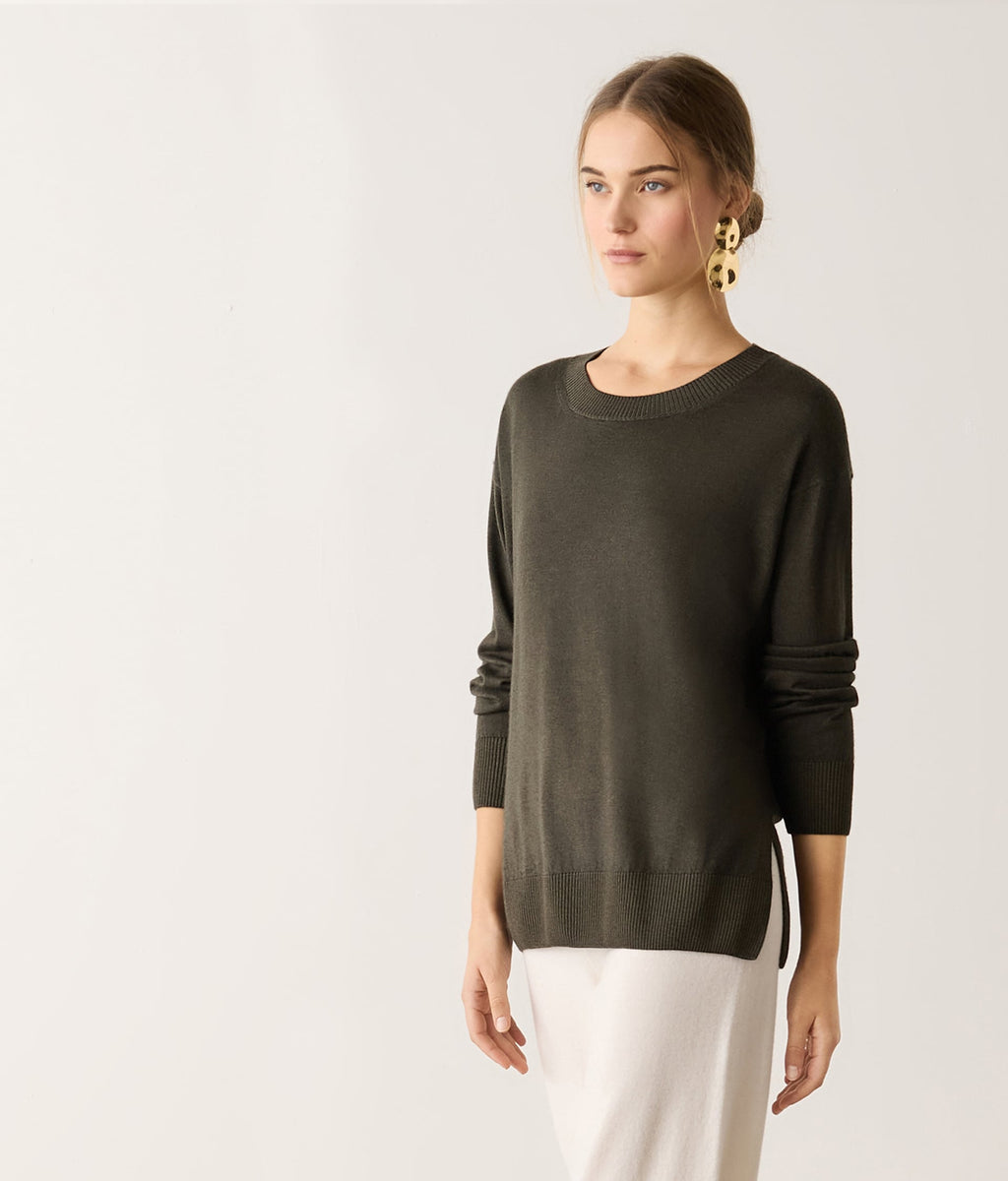 Frame Cashmere Crewneck Sweater with Slits in Deep Forest Green, view 6