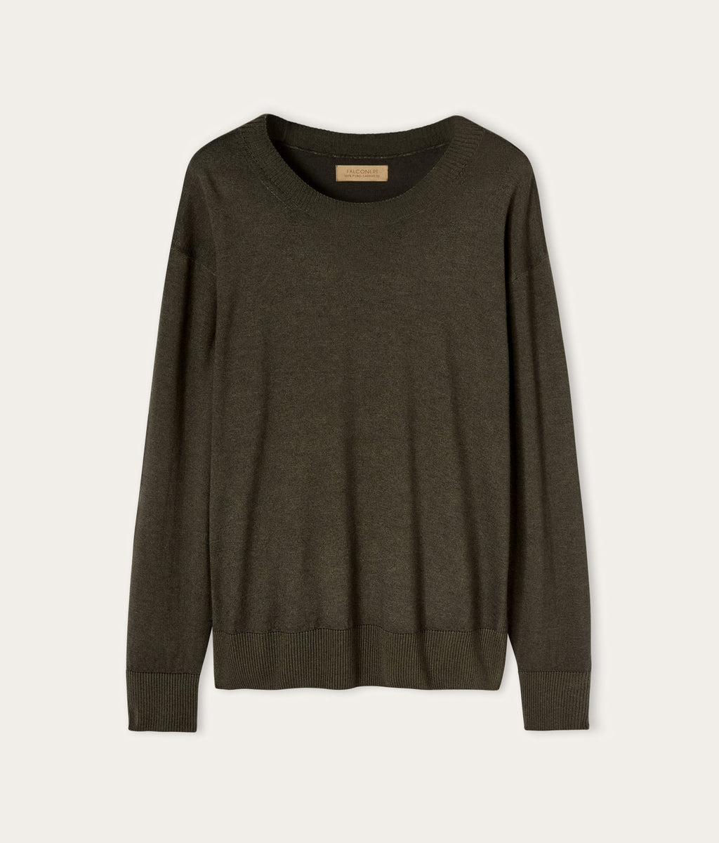 Frame Cashmere Crewneck Sweater with Slits in Deep Forest Green, view 7