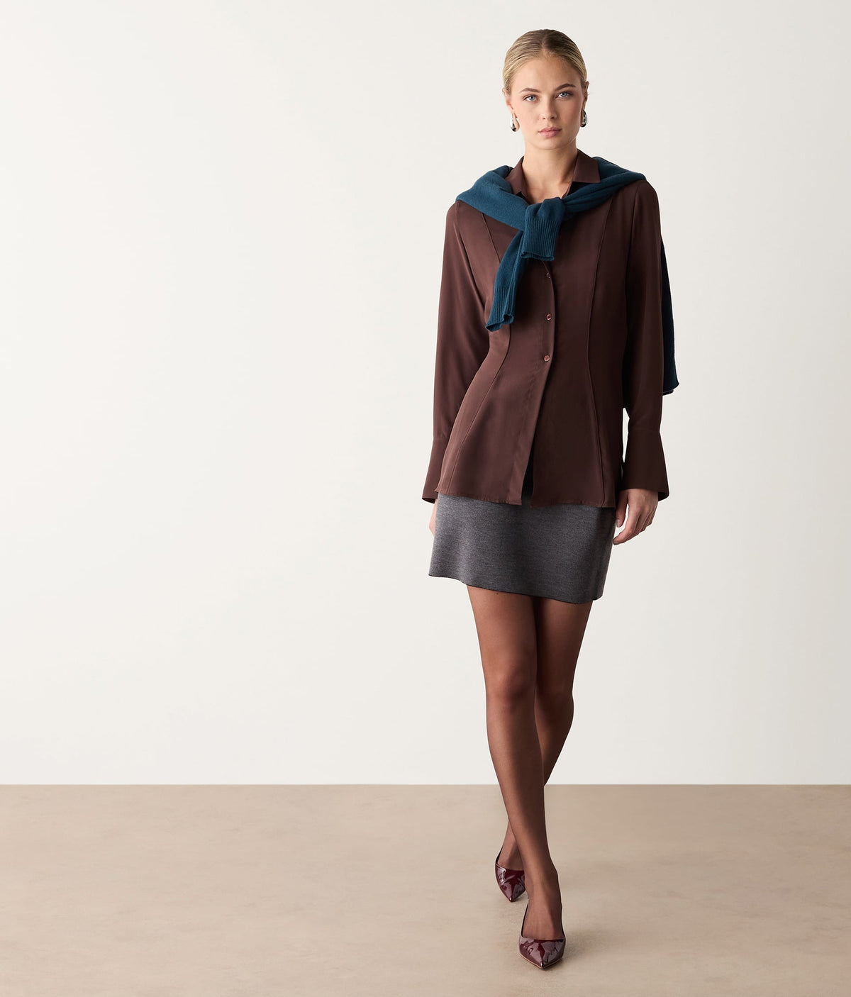 Contour Silk Crêpe de Chine Shirt with Piping in Wood Brown, primary view