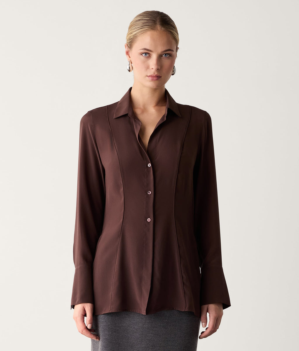 Contour Silk Crêpe de Chine Shirt with Piping in Wood Brown, view 2