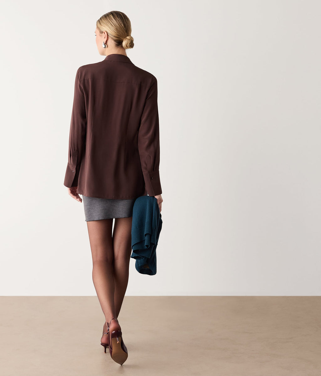 Contour Silk Crêpe de Chine Shirt with Piping in Wood Brown, view 3