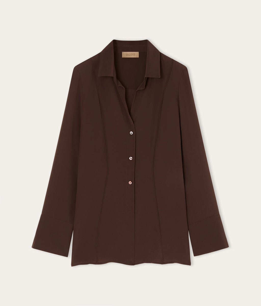 Contour Silk Crêpe de Chine Shirt with Piping in Wood Brown, view 6