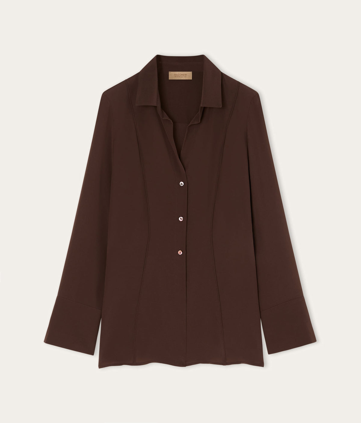Contour Silk Crêpe de Chine Shirt with Piping in Wood Brown, view 6