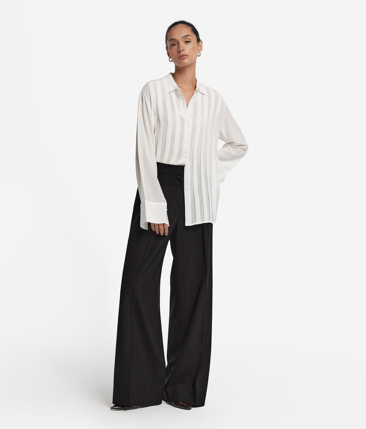 Fold Wool Wide-Leg Pleated Pants in Dark Chocolate Melange, primary view