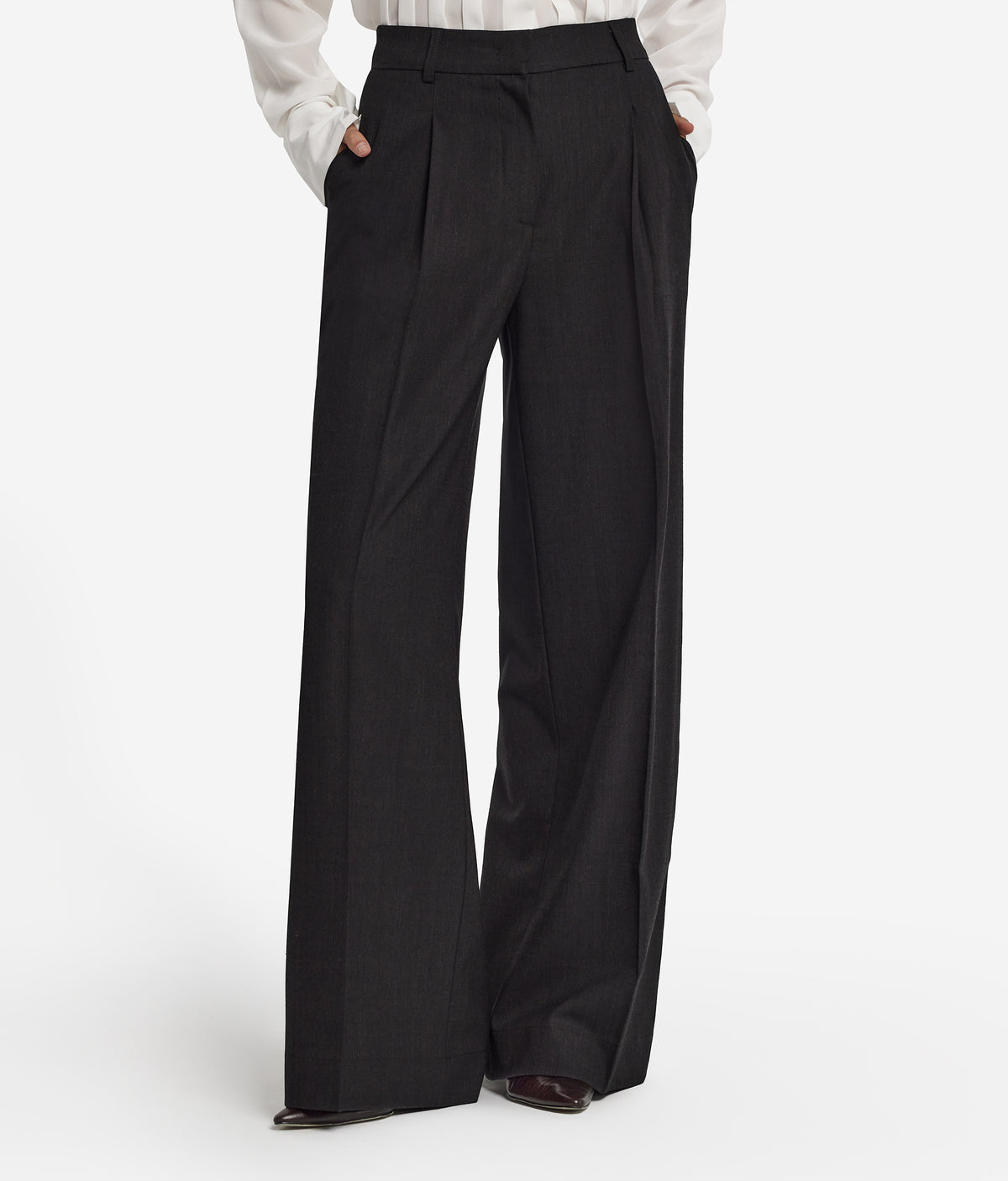 Fold Wool Wide-Leg Pleated Pants in Dark Chocolate Melange, view 2