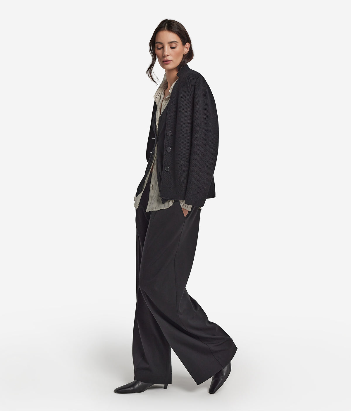 Fold Wool Wide-Leg Pleated Pants in Black, primary view