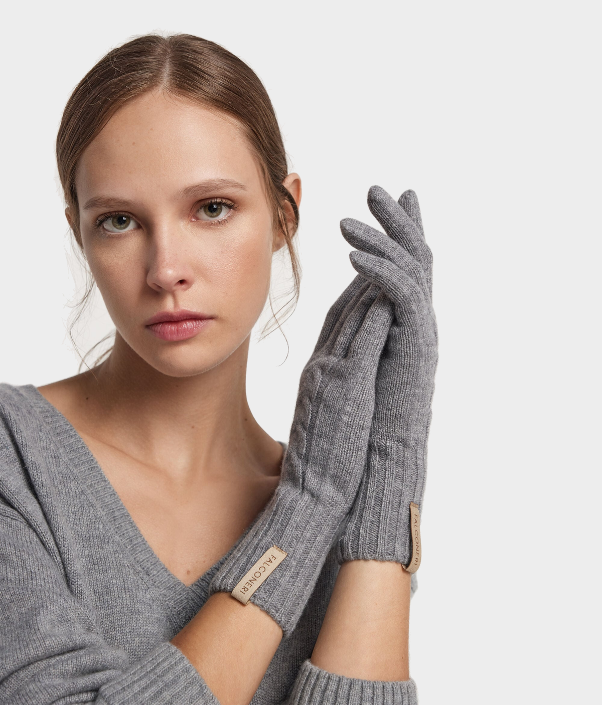 Ultrasoft Cashmere Cable-Knit Gloves in Gray Heather, primary view