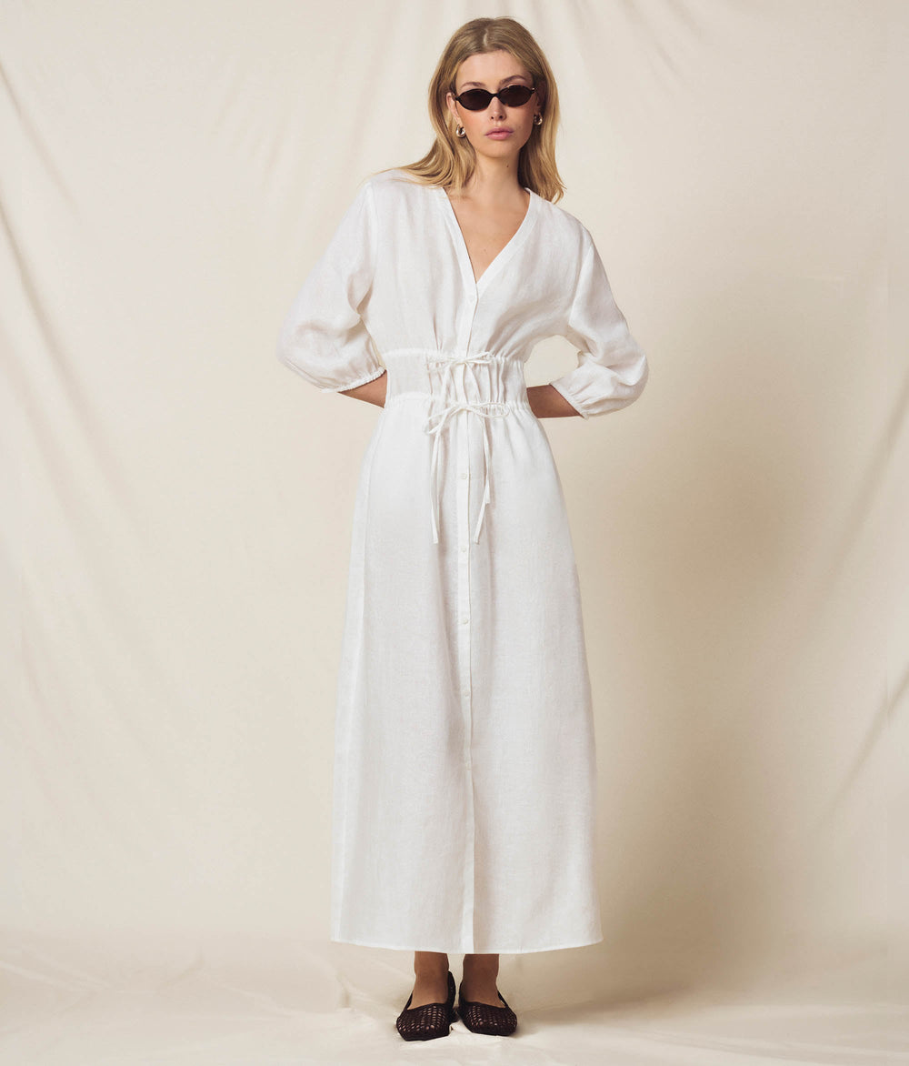 Form Linen Midi Dress with Drawstring Waist in White, primary view [fp-color:white]
