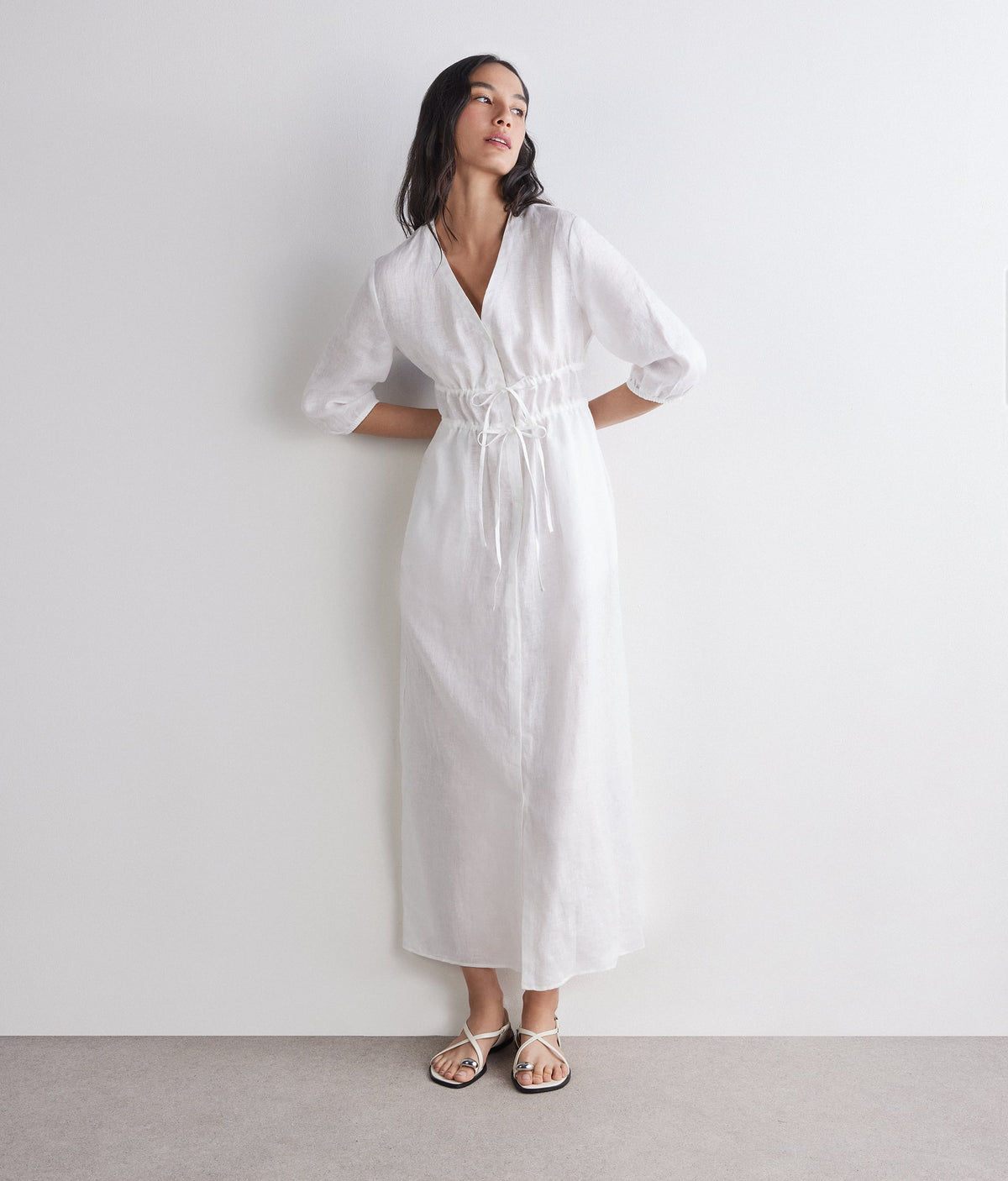 Form Linen Midi Dress with Drawstring Waist in White, view 2