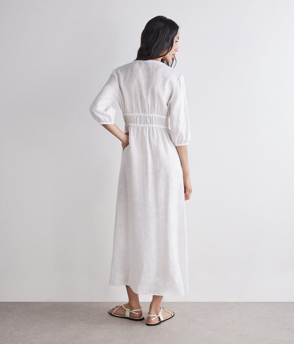 Form Linen Midi Dress with Drawstring Waist in White, view 3