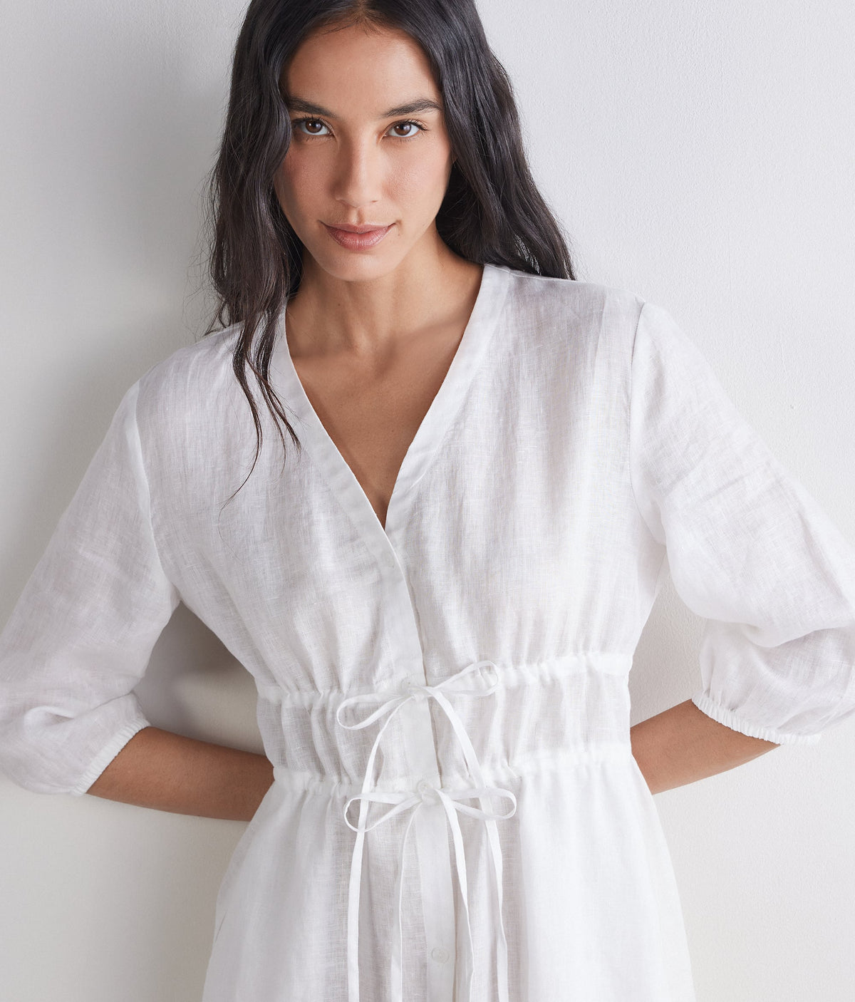 Form Linen Midi Dress with Drawstring Waist in White, view 4