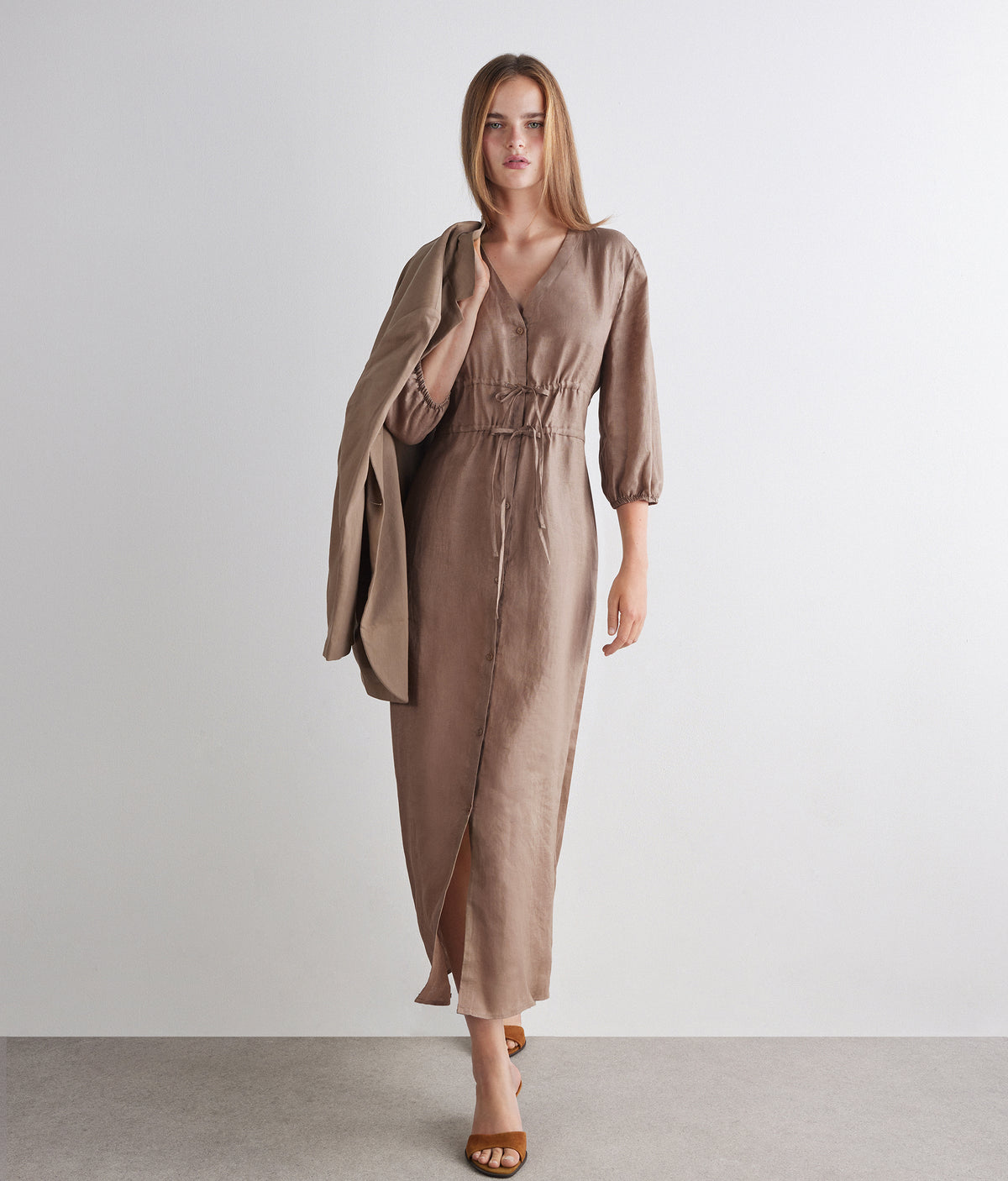Form Linen Midi Dress with Drawstring Waist in WHEAT, primary view