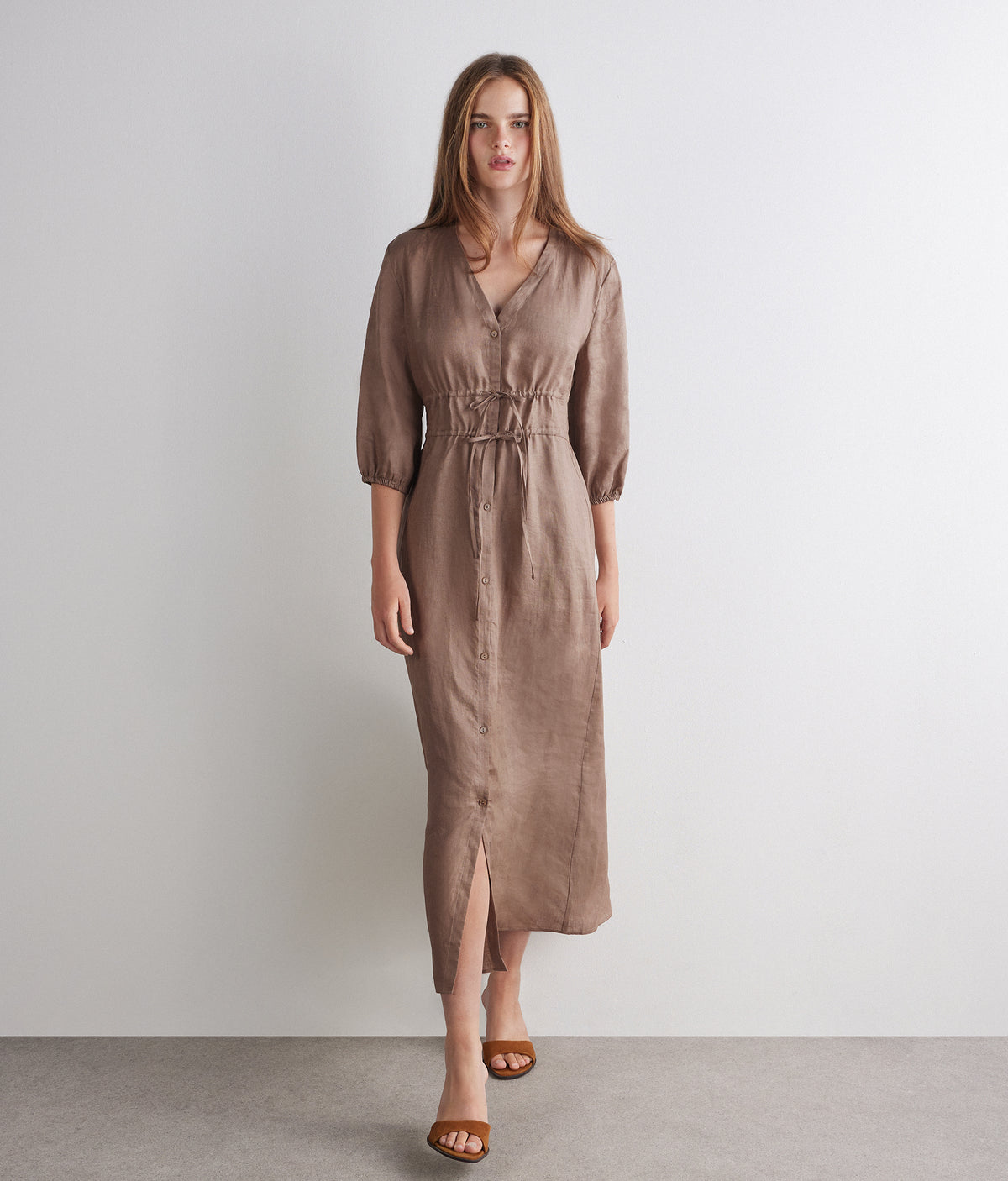 Form Linen Midi Dress with Drawstring Waist in WHEAT, view 2