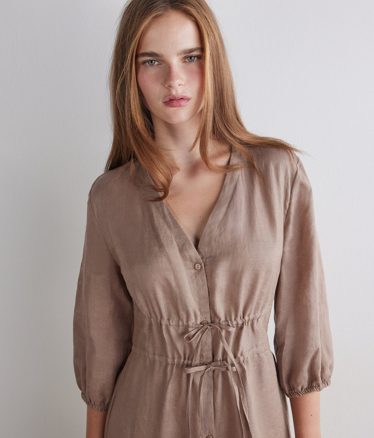Form Linen Midi Dress with Drawstring Waist in WHEAT, view 4