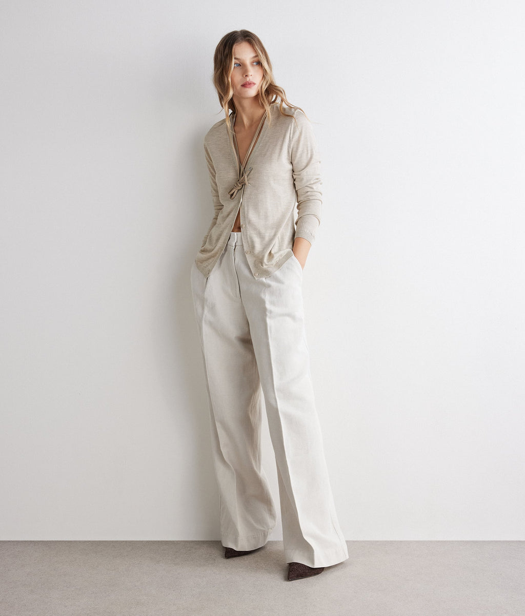 Fold Cashmere and Silk V-Neck Cardigan in Stone, primary view