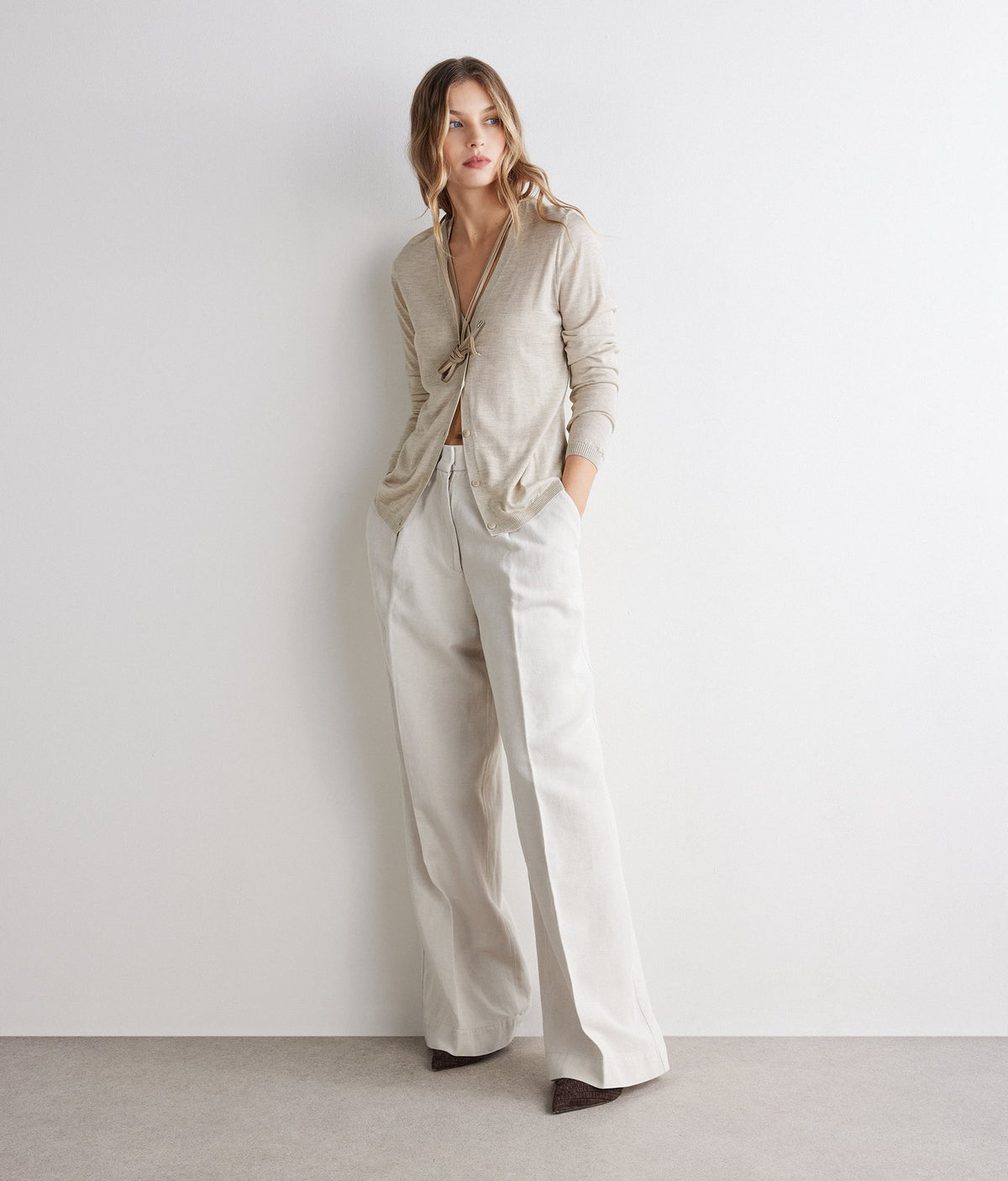 Fold Cashmere and Silk V-Neck Cardigan in Stone, primary view