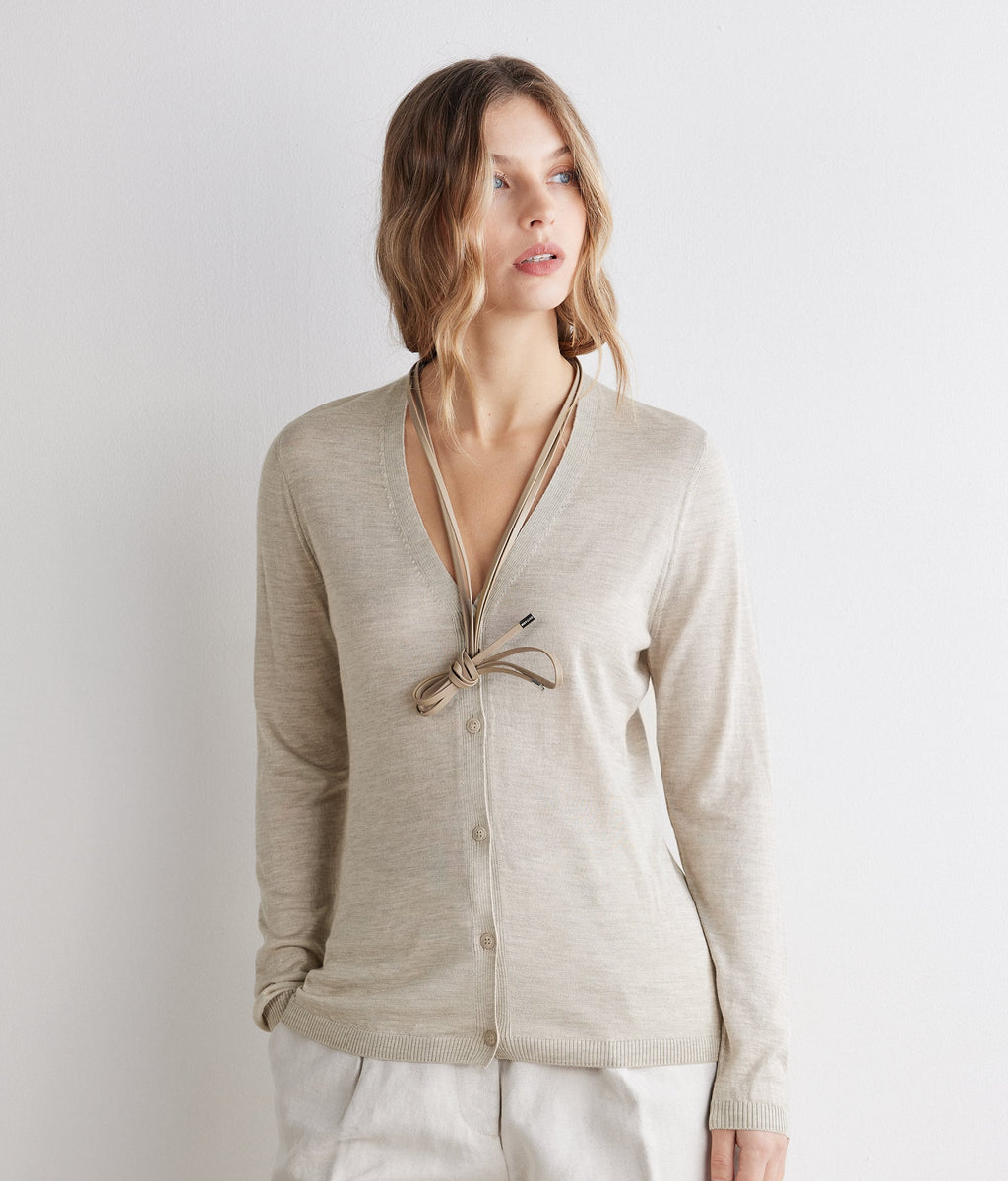 Fold Cashmere and Silk V-Neck Cardigan in Stone, view 2