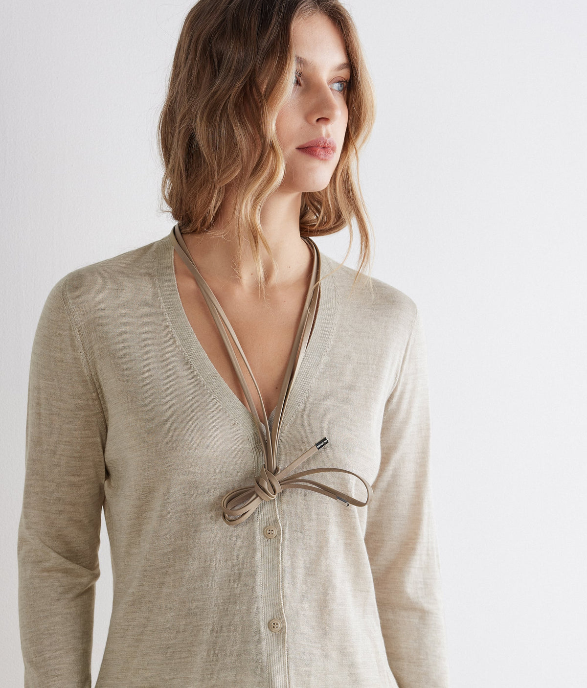 Fold Cashmere and Silk V-Neck Cardigan in Stone, view 4