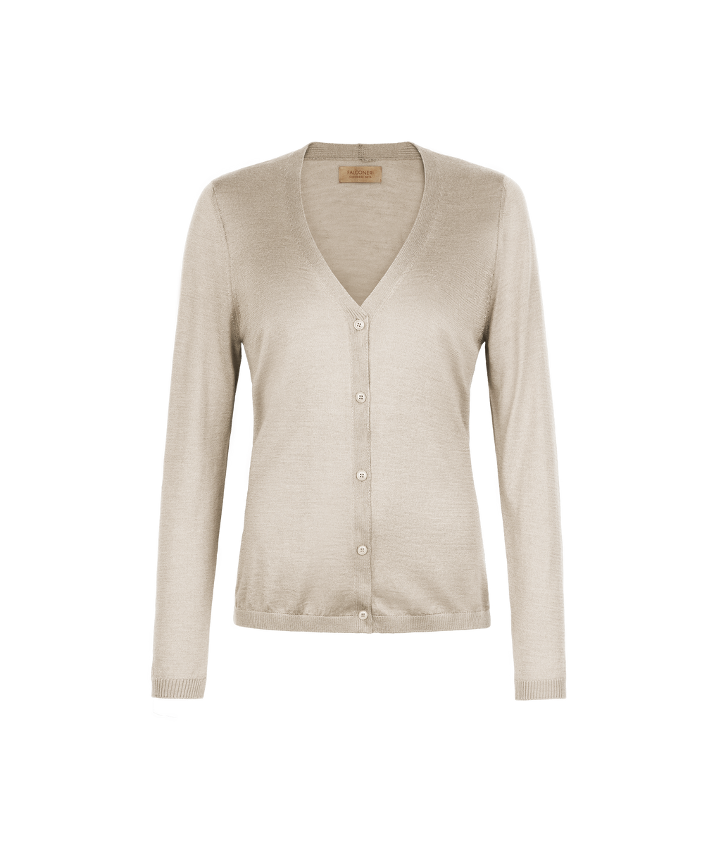 Fold Cashmere and Silk V-Neck Cardigan in Stone, view 5