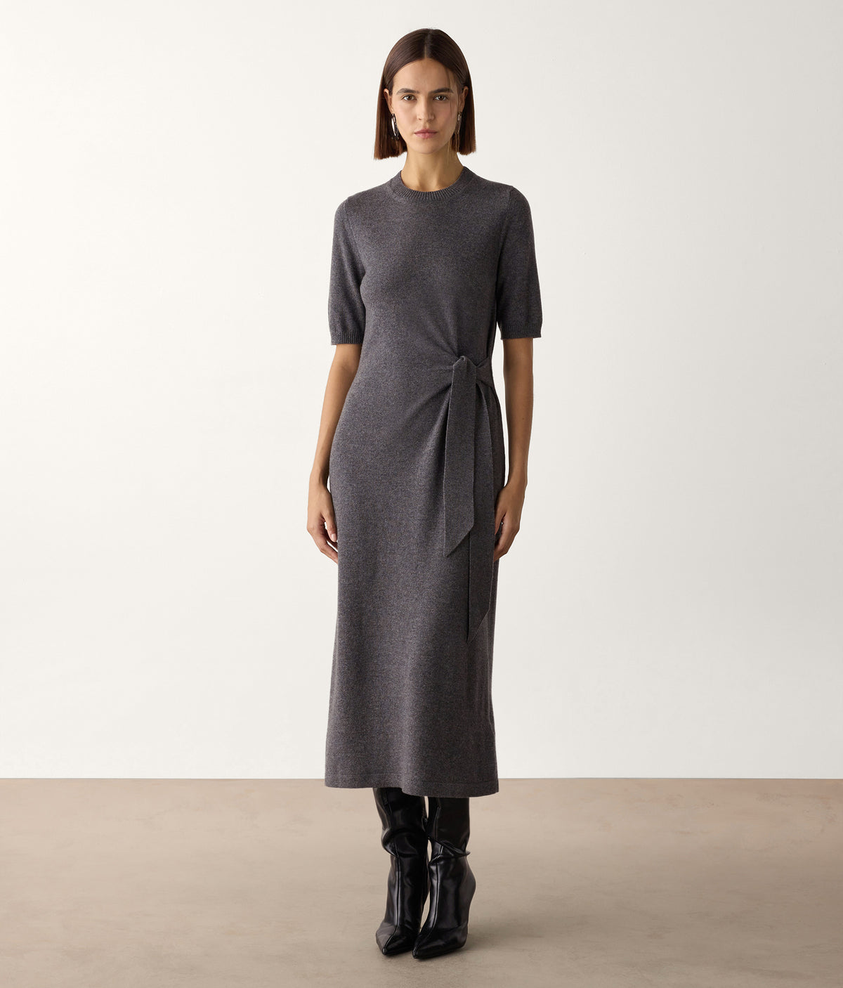 Line Cashmere Knot Dress in Dark Grey Melange, view 2