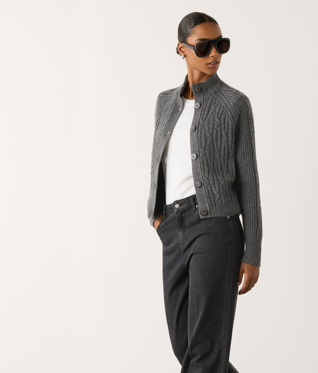 Frame Ribbed Cable-Knit Cashmere Cardigan in Dark Grey Melange, view 5