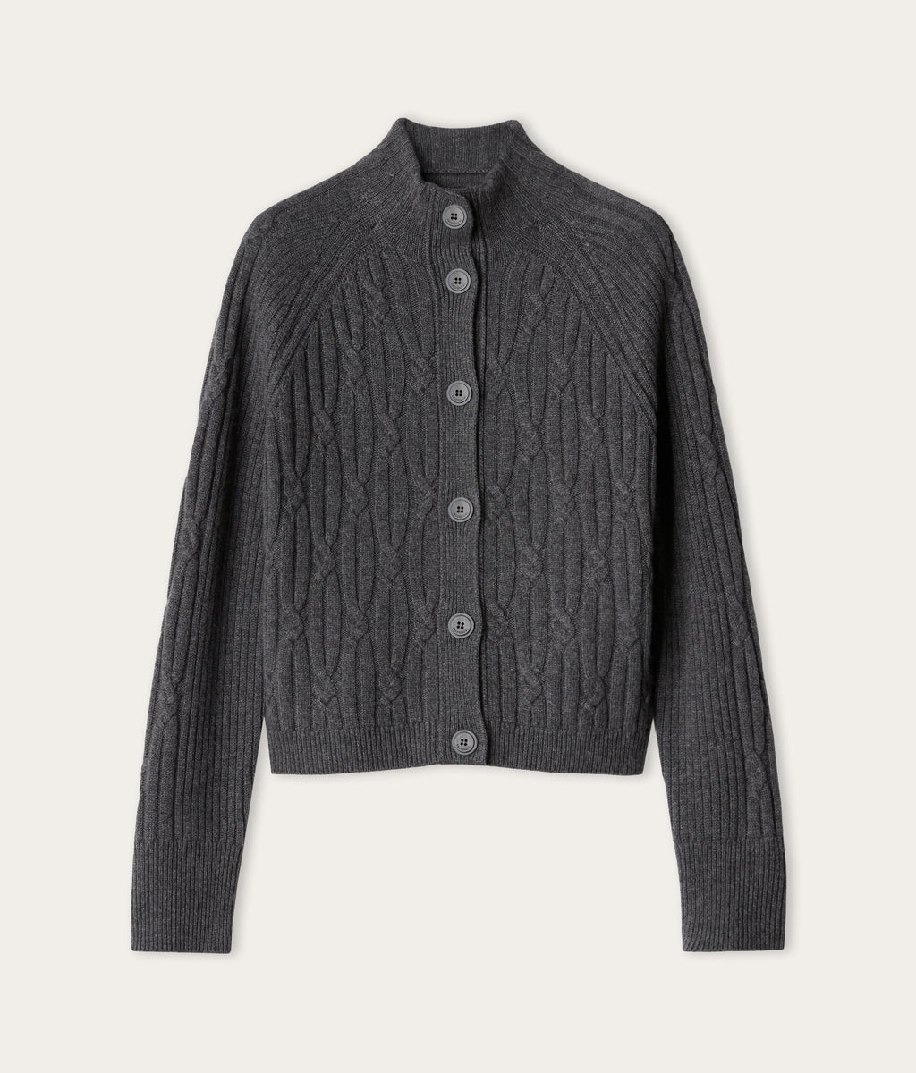 Frame Ribbed Cable-Knit Cashmere Cardigan in Dark Grey Melange, view 6
