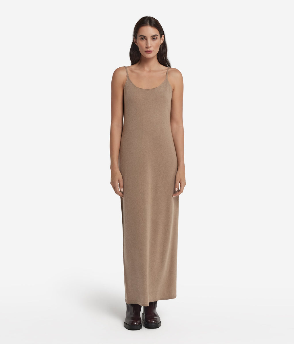 Fold Cashmere Open-Back Slip Dress in MELANGE WHEAT, view 2