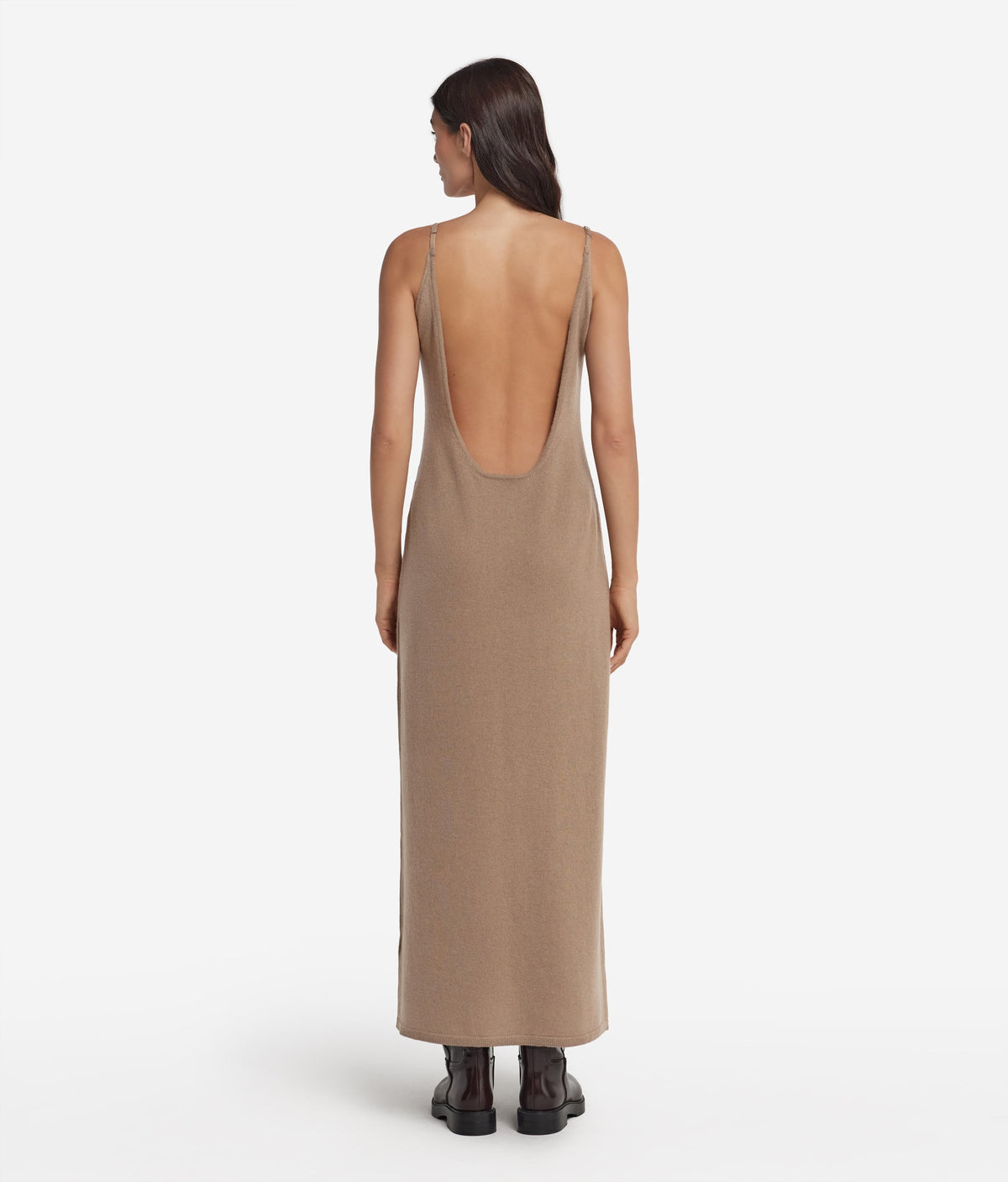 Fold Cashmere Open-Back Slip Dress in MELANGE WHEAT, view 3