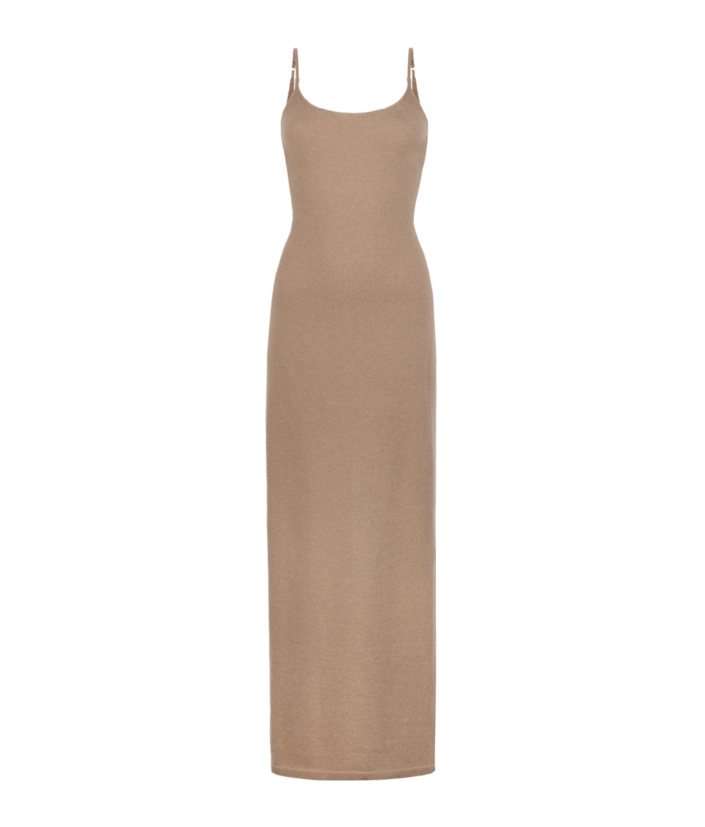 Fold Cashmere Open-Back Slip Dress in MELANGE WHEAT, view 5