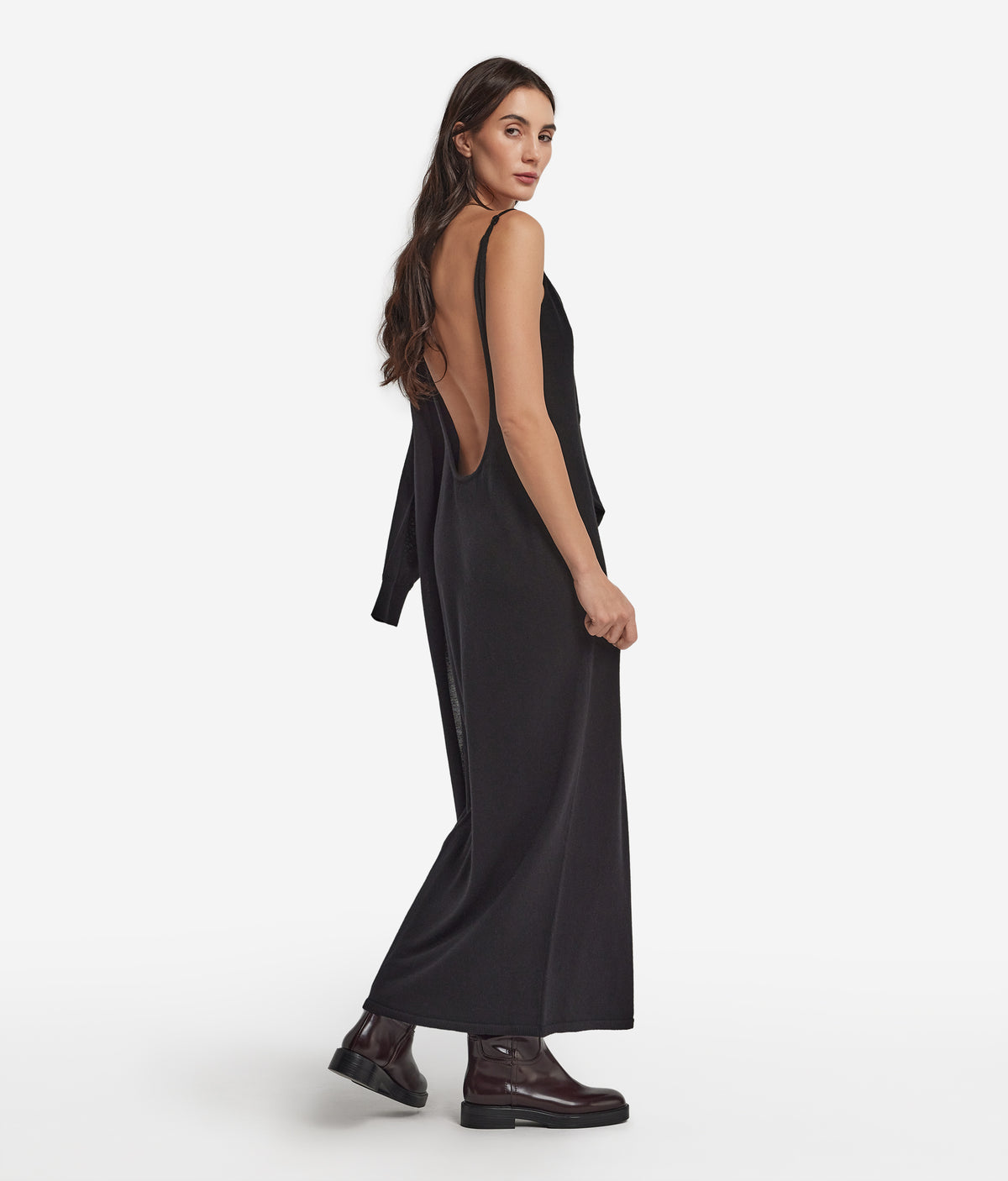 Fold Cashmere Open-Back Slip Dress in Black, primary view