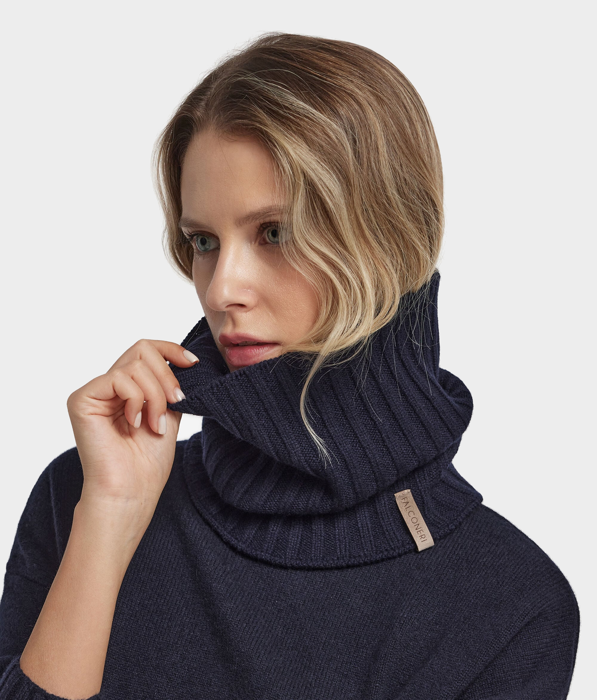 Ultrasoft Cashmere Ribbed Neck Warmer in Navy Blue, view 3