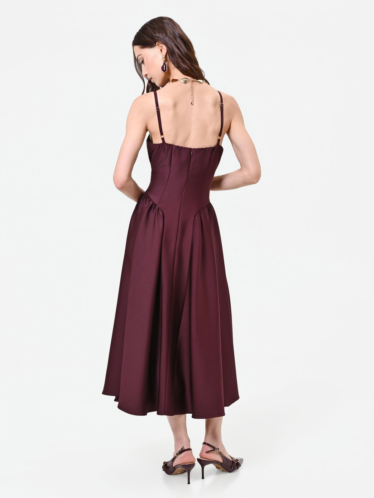 Satin Bustier Midi Dress in Bordeaux, view 2