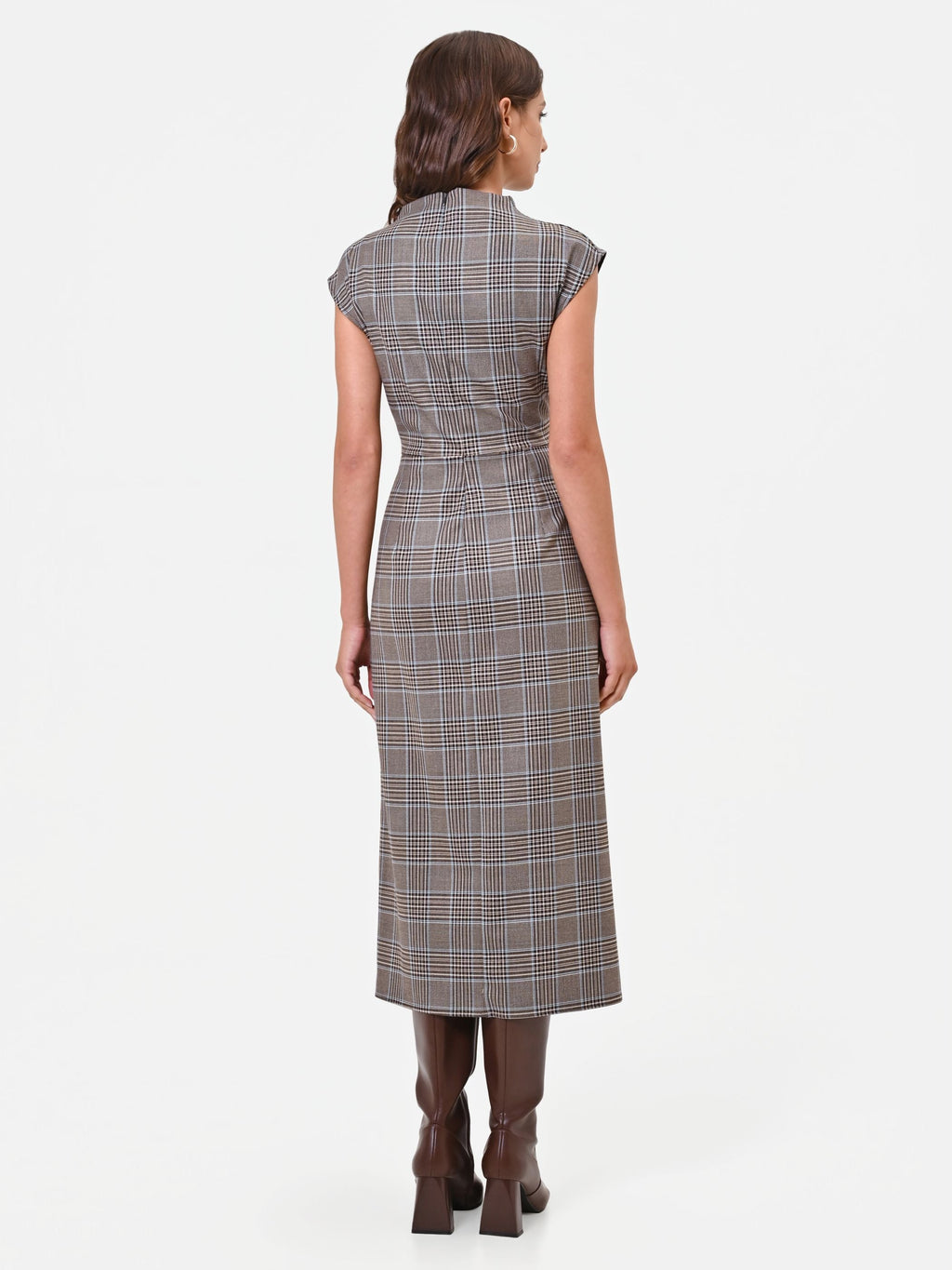 Checked Wrap Midi Dress in Brown Check, view 3