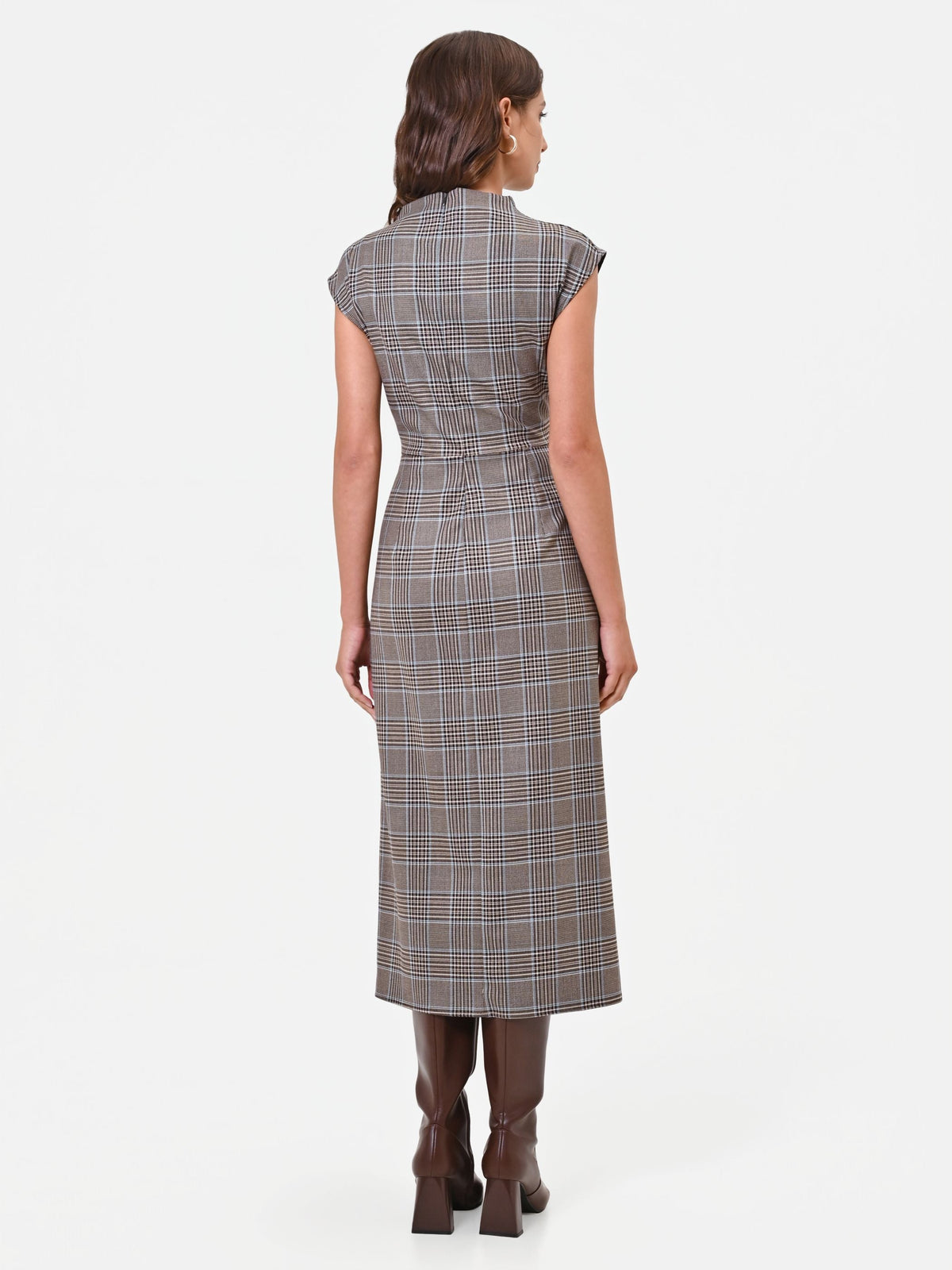 Checked Wrap Midi Dress in Brown Check, view 3