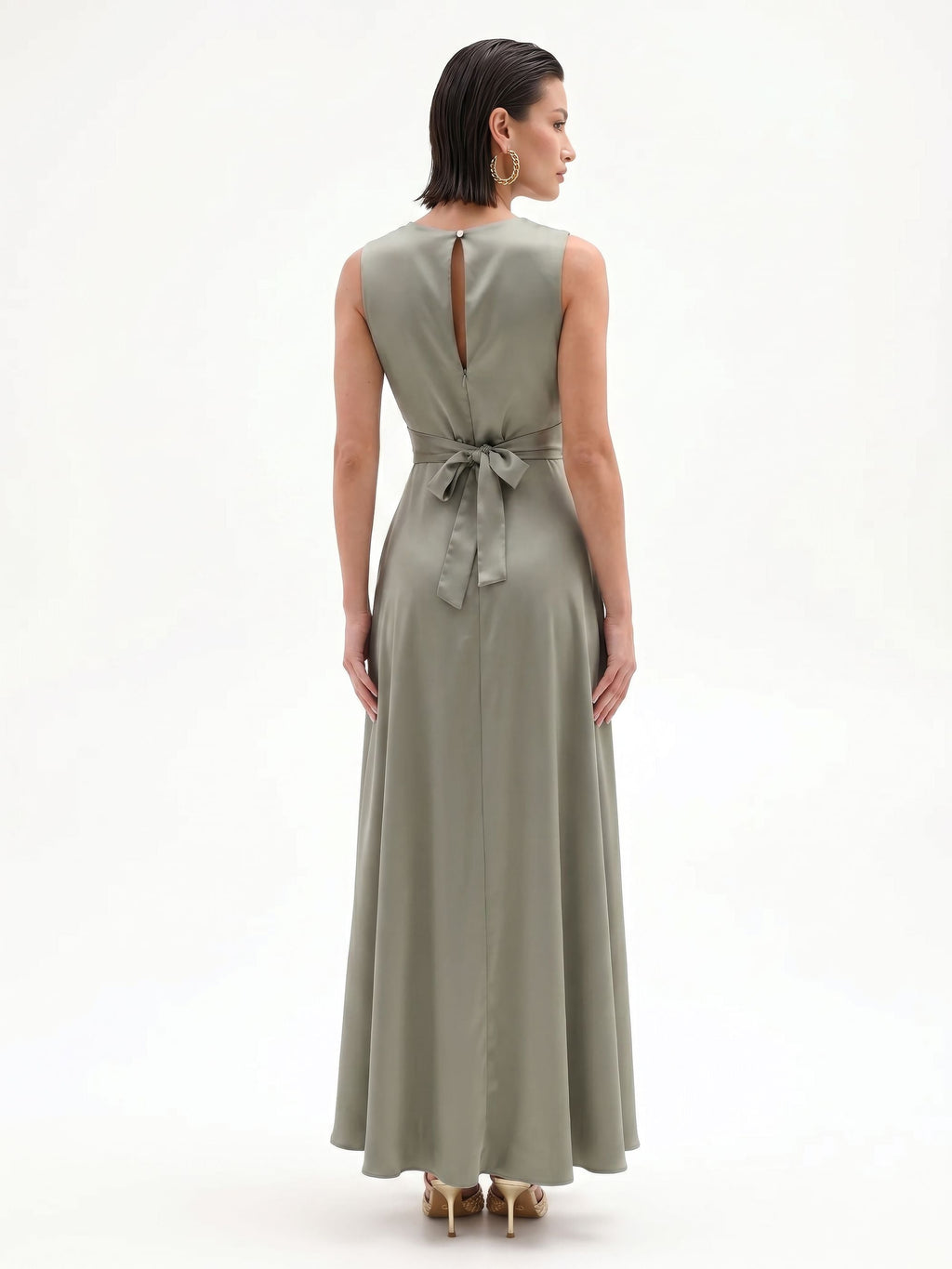 Draped Satin Maxi Dress in Sage, view 2