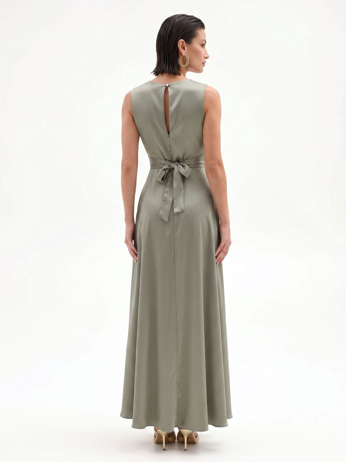 Draped Satin Maxi Dress in Sage, view 2