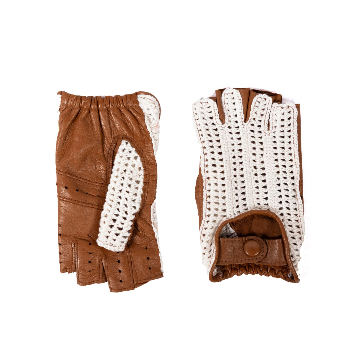 Fold Crochet-Back Driving Gloves in Cognac, view 2