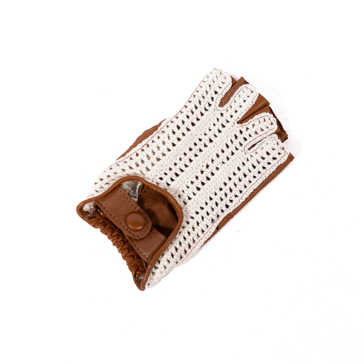 Fold Crochet-Back Driving Gloves in Cognac, view 3