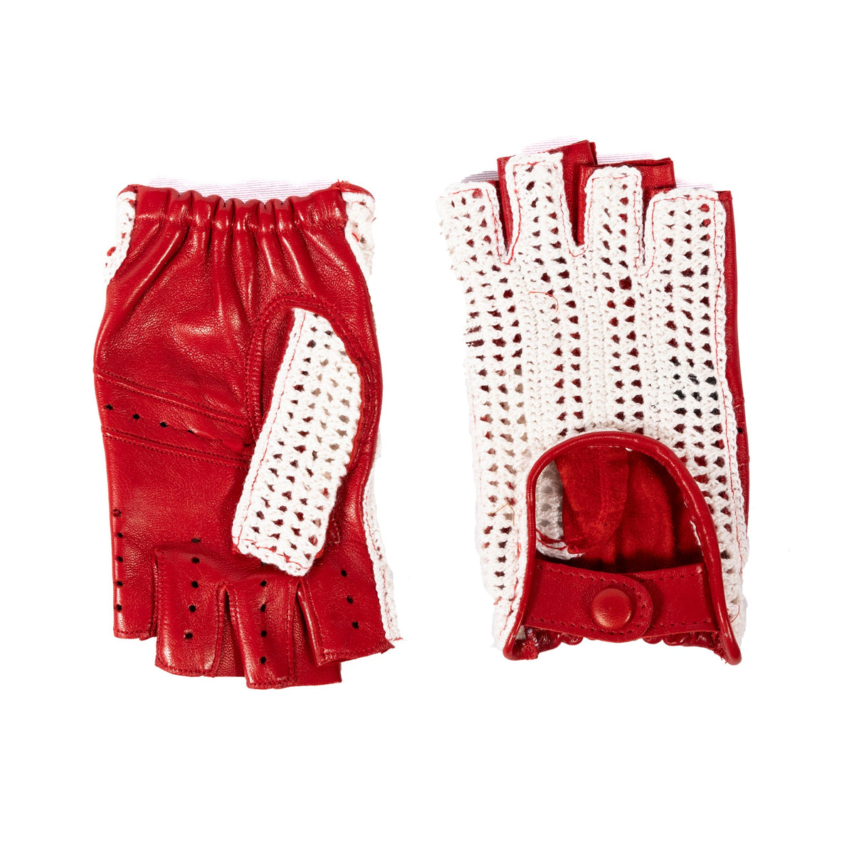 Fold Crochet-Back Driving Gloves in Red, view 2